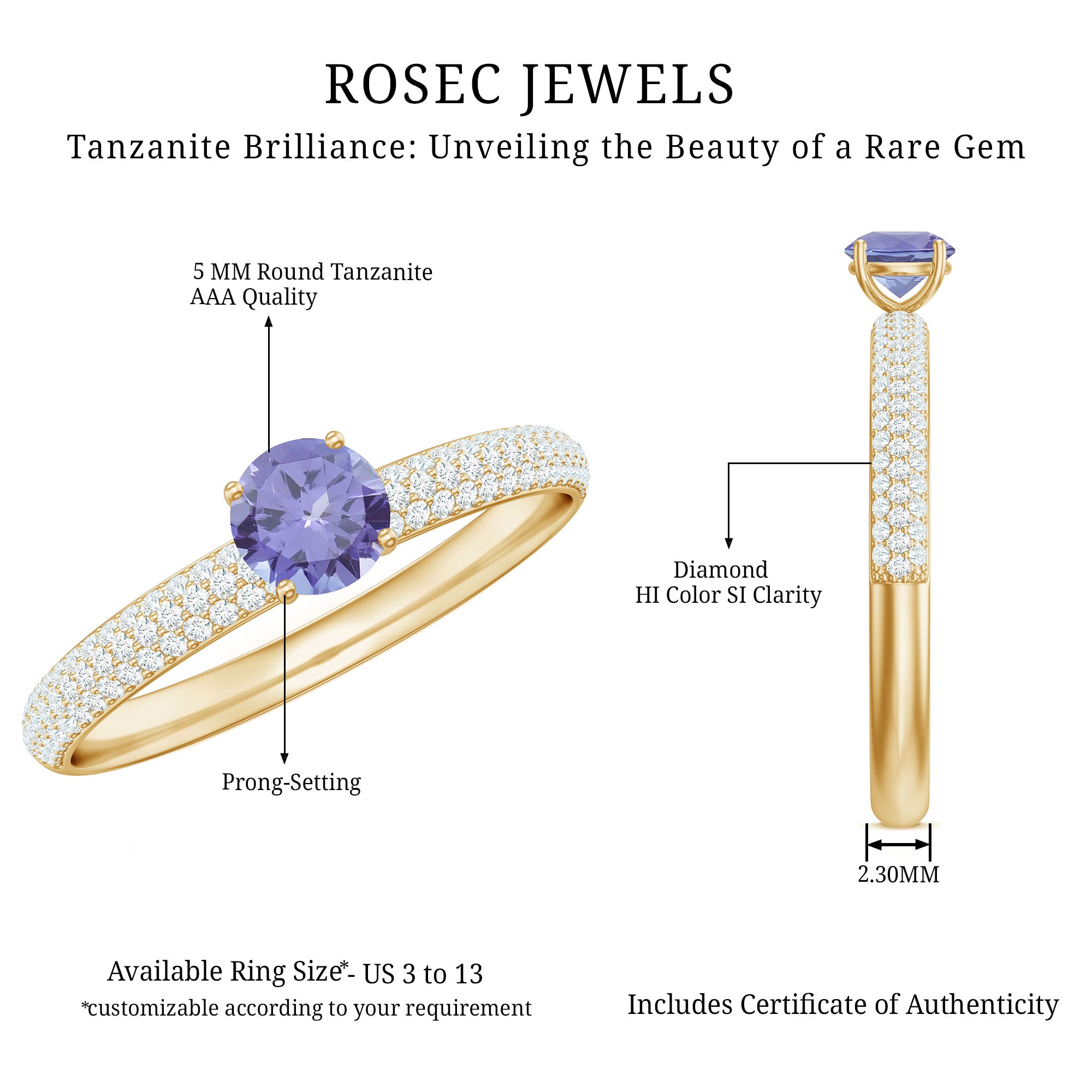 Rosec Jewels-Natural Tanzanite Engagement Ring with Pave Diamond Side Stones