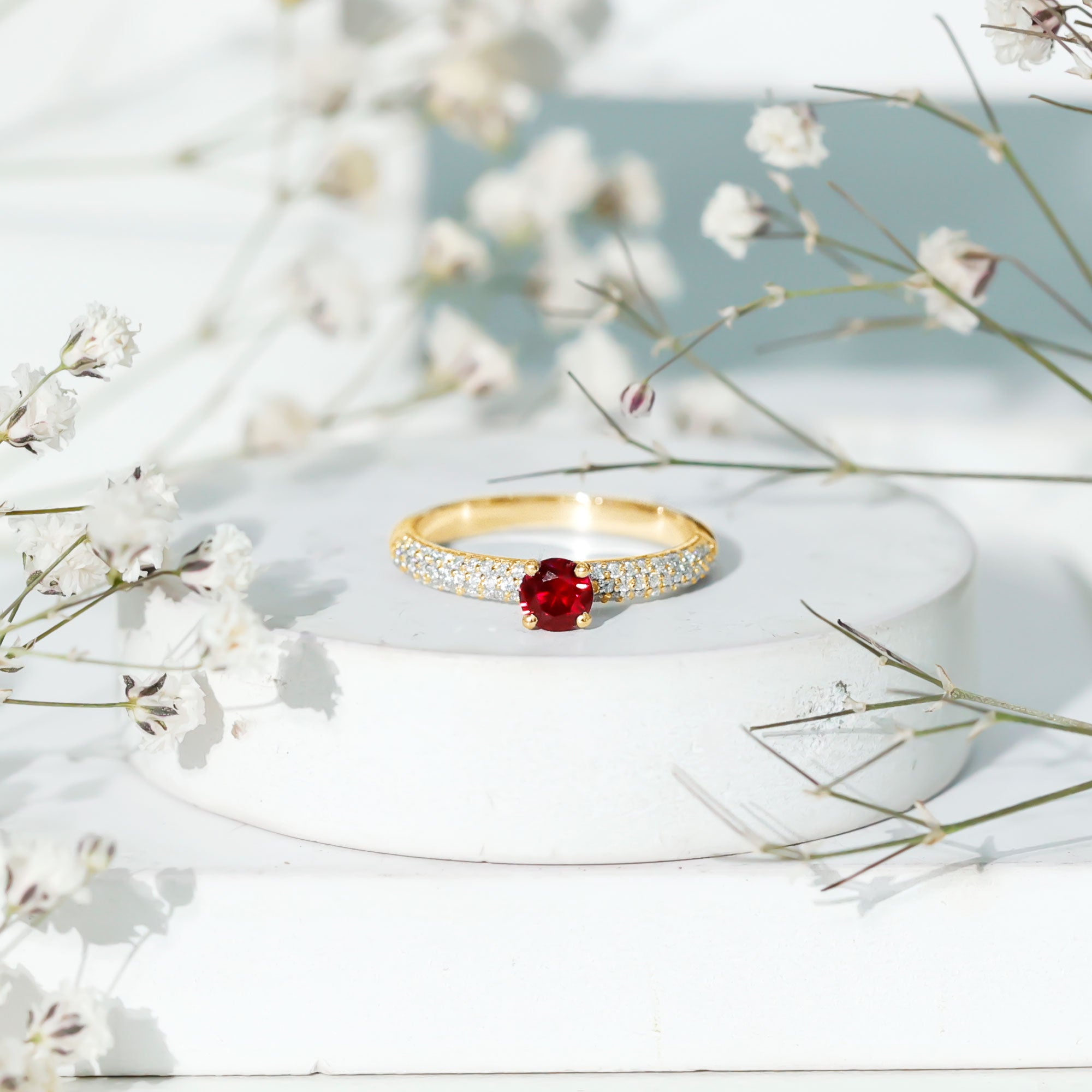 Rosec Jewels-Lab Created Ruby Solitaire Ring with Moissanite Side Stones