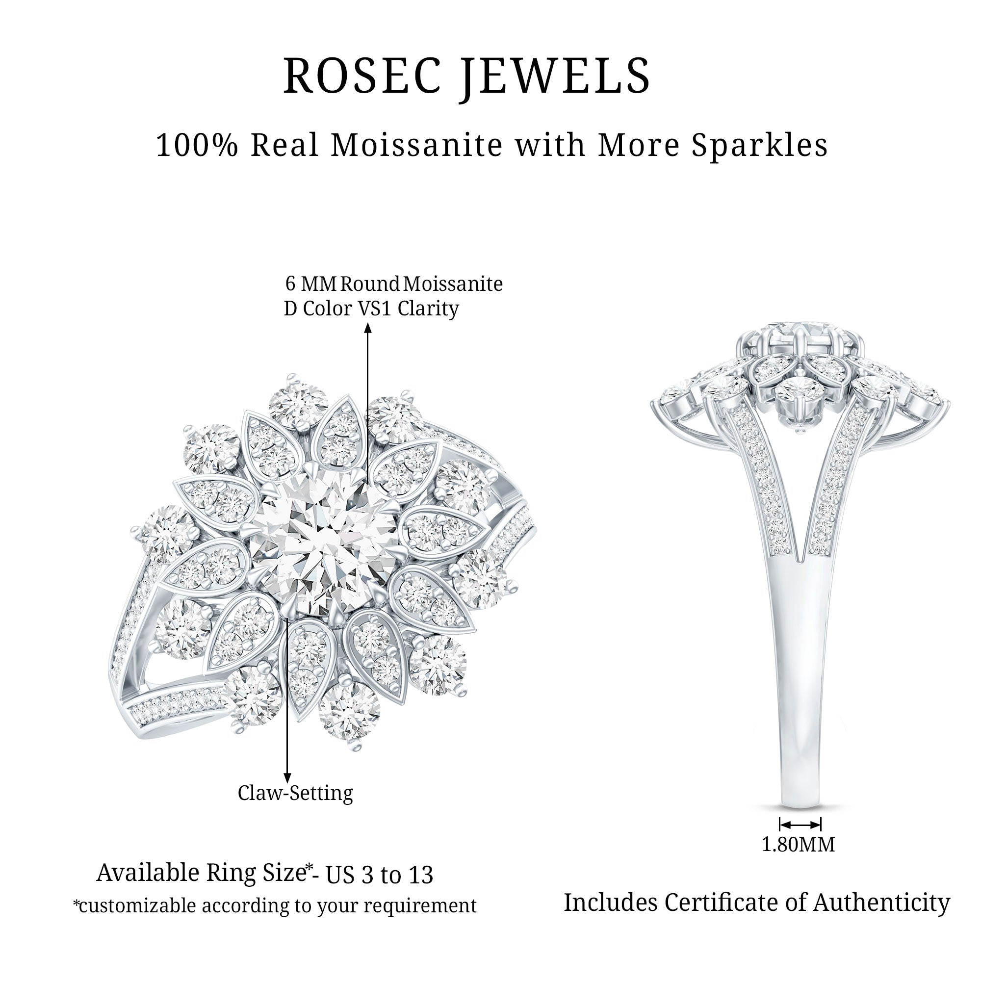 Certified Moissanite Statement Flower Engagement Ring D-VS1 - Rosec Jewels