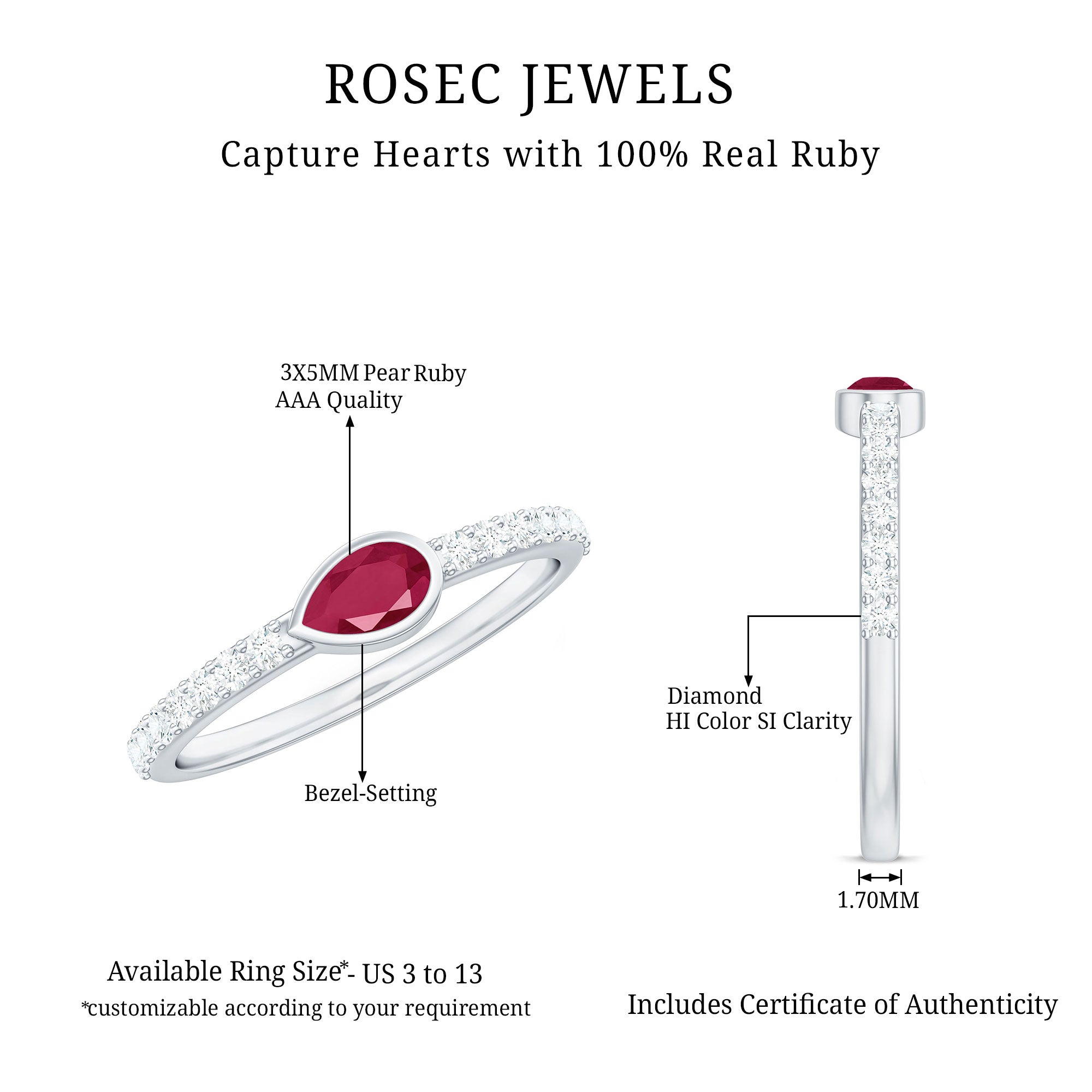 East West Style Pear Shape Ruby Promise Ring with Diamond AAA - Rosec Jewels