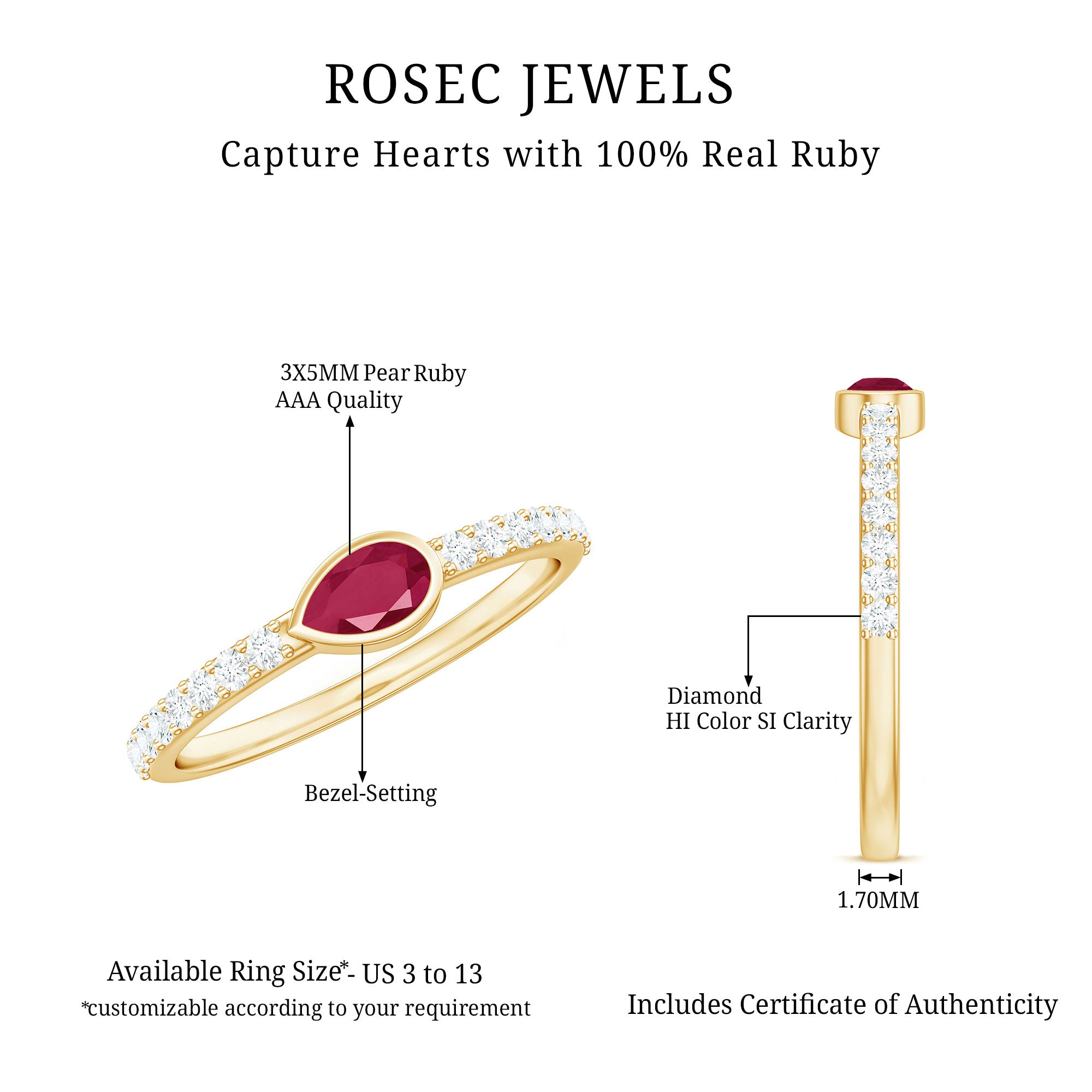 East West Style Pear Shape Ruby Promise Ring with Diamond AAA - Rosec Jewels