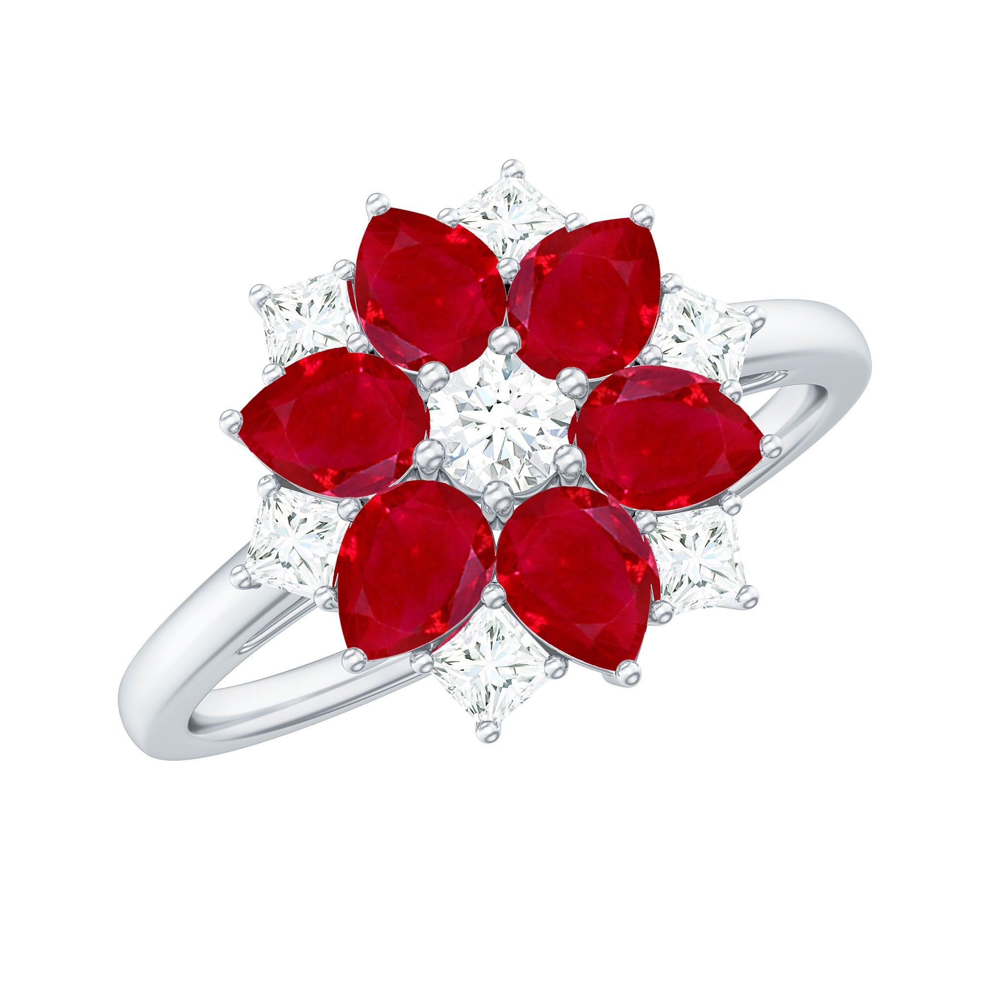 Flower Cocktail Ring with Ruby and Diamond Ruby AAA Quality 92.5 Sterling Silver