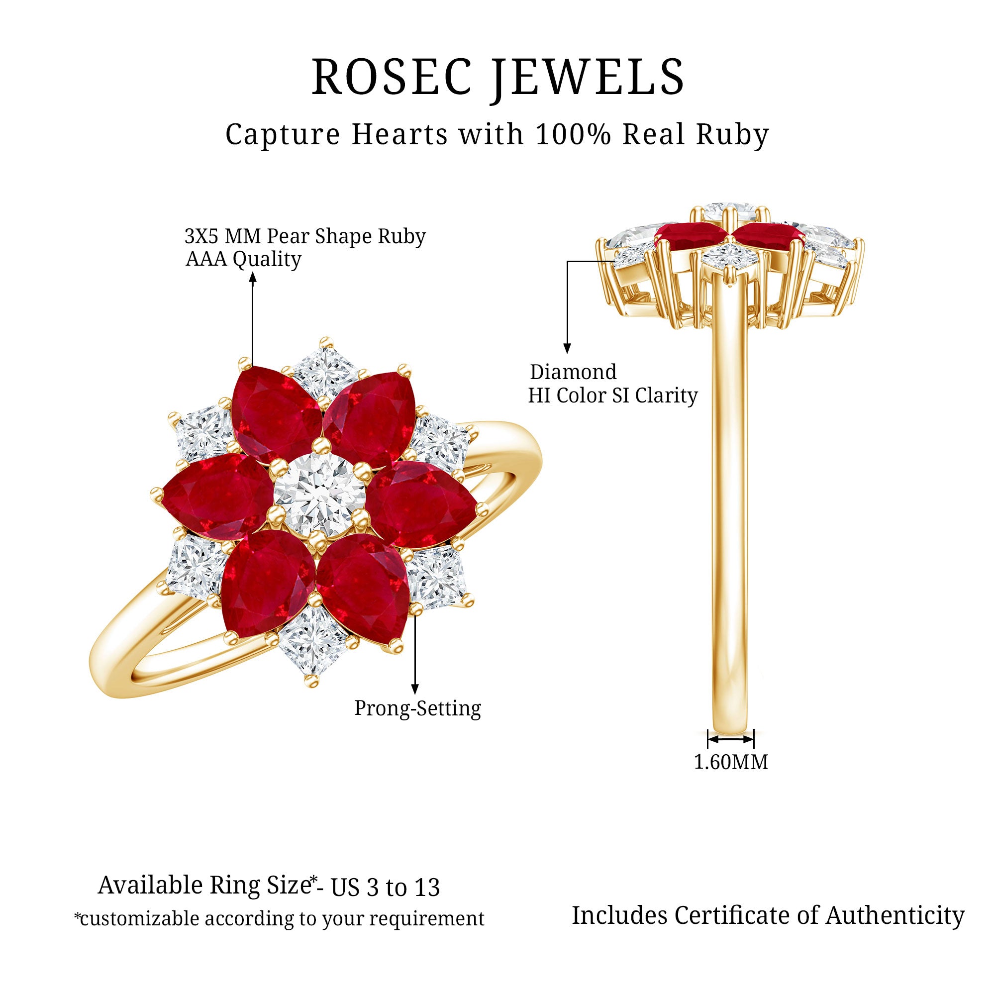 Rosec Jewels-Natural 1.8 Carat Ruby Diamond Flower Engagement Ring for Women