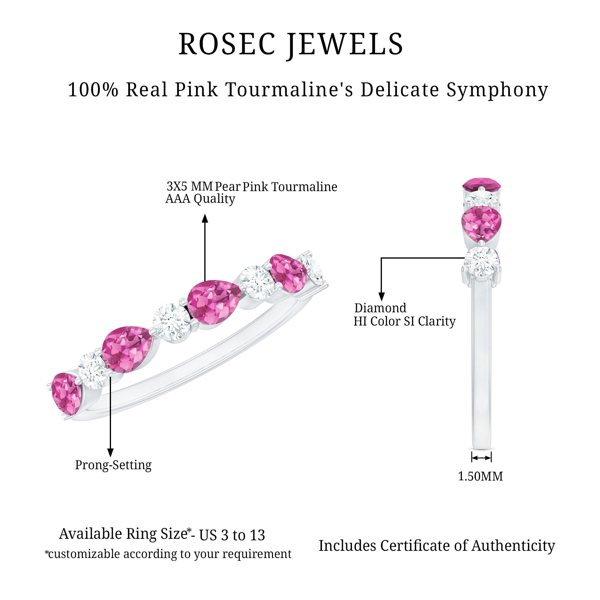 Natural Pink Tourmaline and Diamond Wedding Band For Her AAA - Rosec Jewels