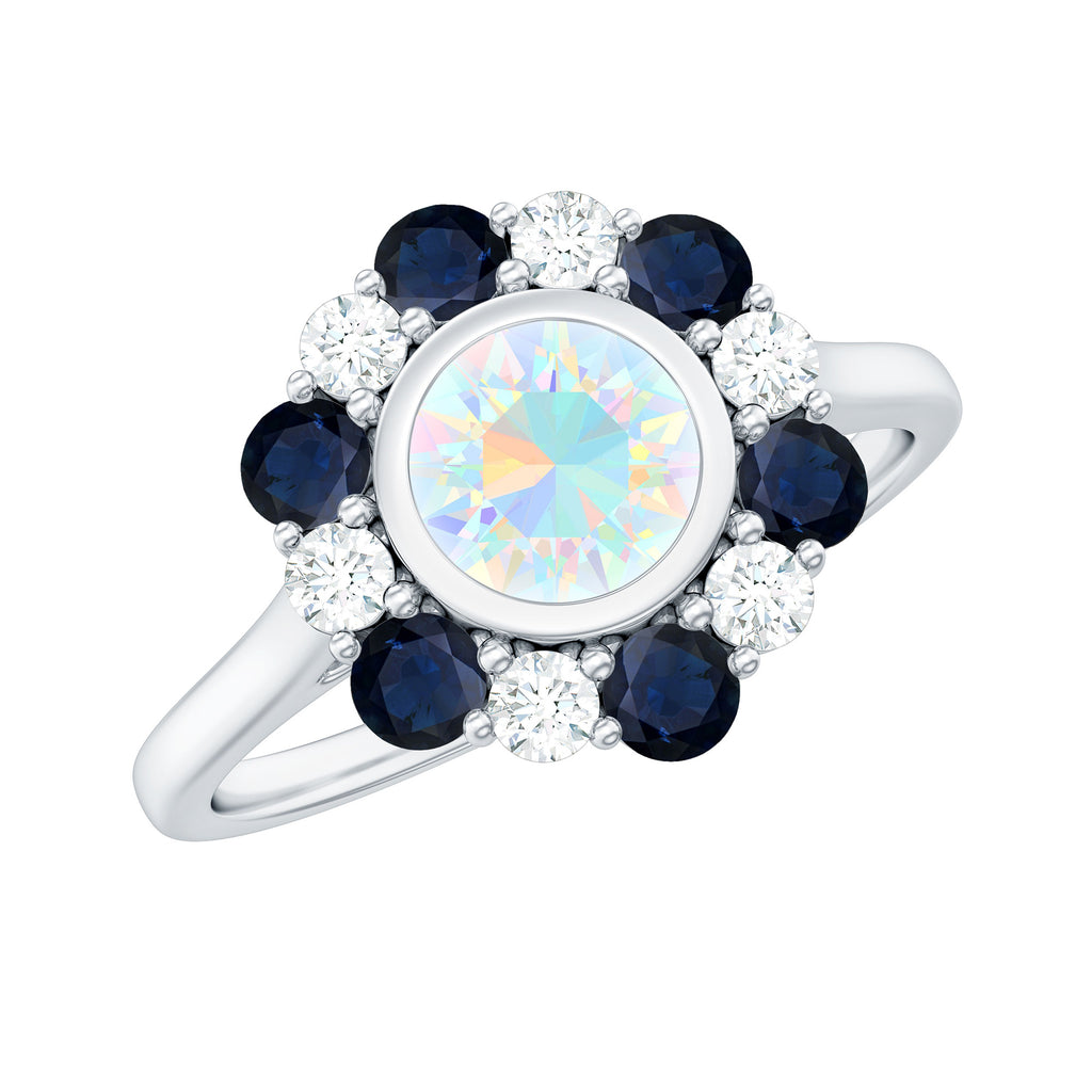 1.5 CT Ethiopian Opal Engagement Ring with Blue Sapphire and Moissanite