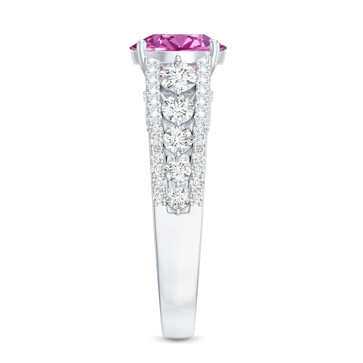 Created Pink Sapphire Engagement Ring with Moissanite Side Stones AAAA - Rosec Jewels