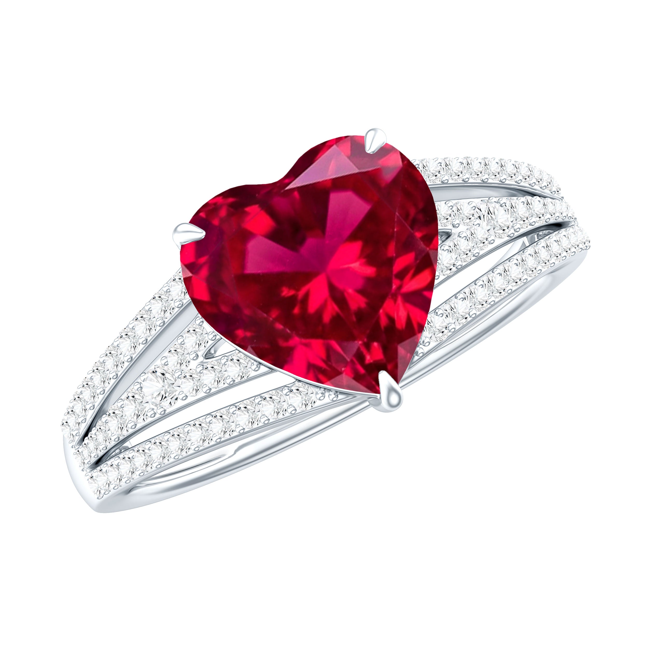 Heart Shape Created Ruby Engagement Ring with Diamond AAAA - Rosec Jewels