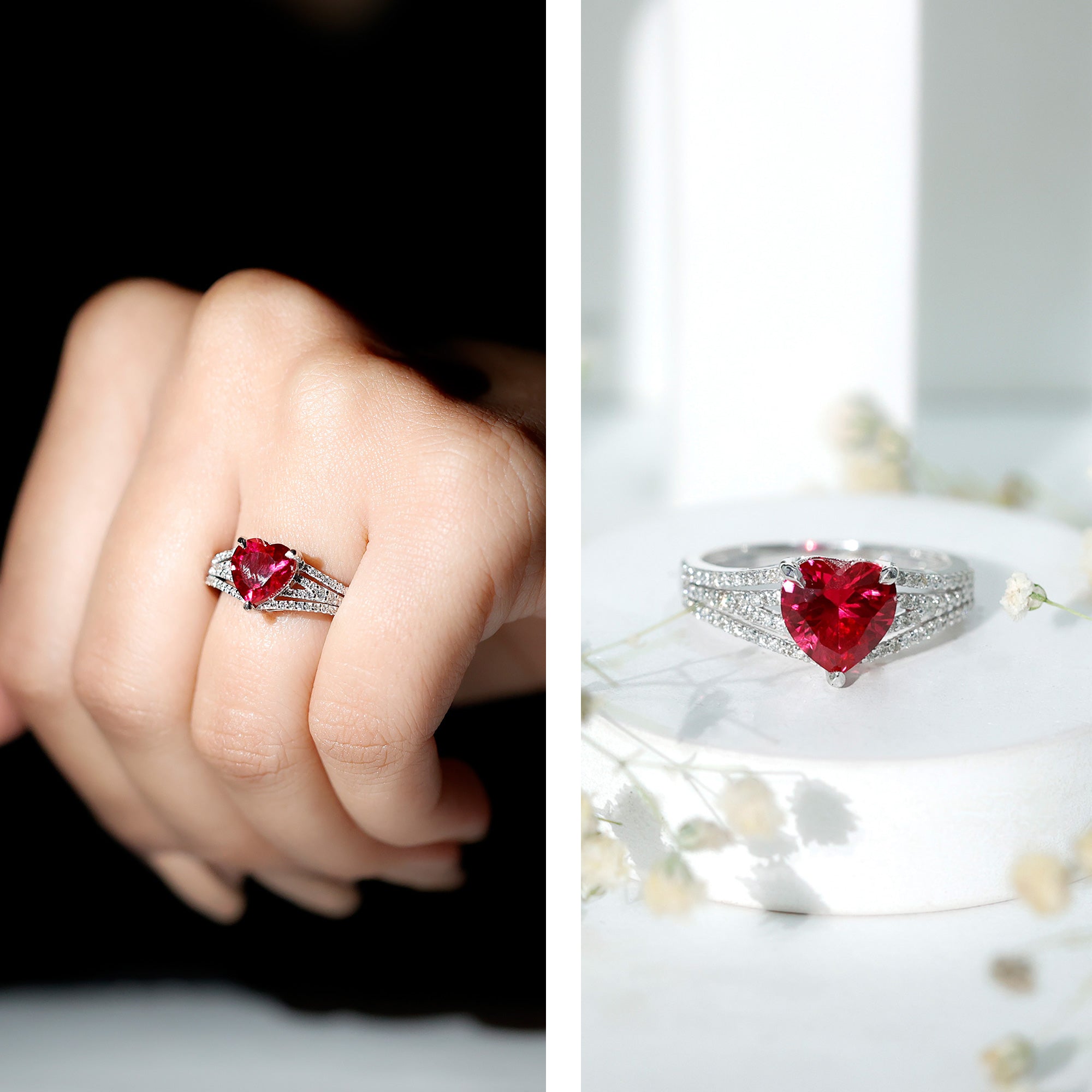 Heart Shape Created Ruby Engagement Ring with Diamond AAAA - Rosec Jewels
