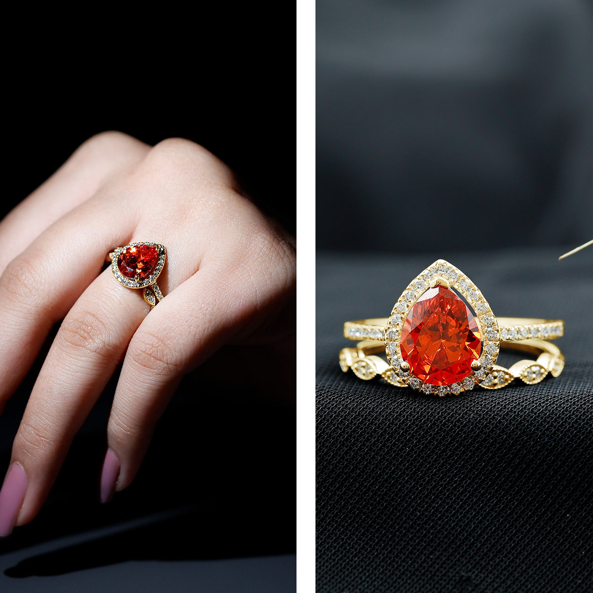 3.3 Carat Pear Shaped Lab Grown Orange Sapphire Wedding Ring Set with Diamond AAAA - Rosec Jewels