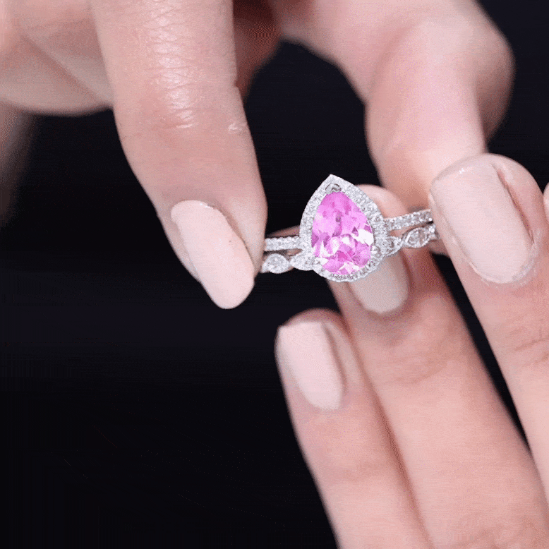 Lab Grown Pink Sapphire Pear Shaped Engagement Ring Set Lab Created Pink Sapphire - ( AAAA ) - Quality - Rosec Jewels