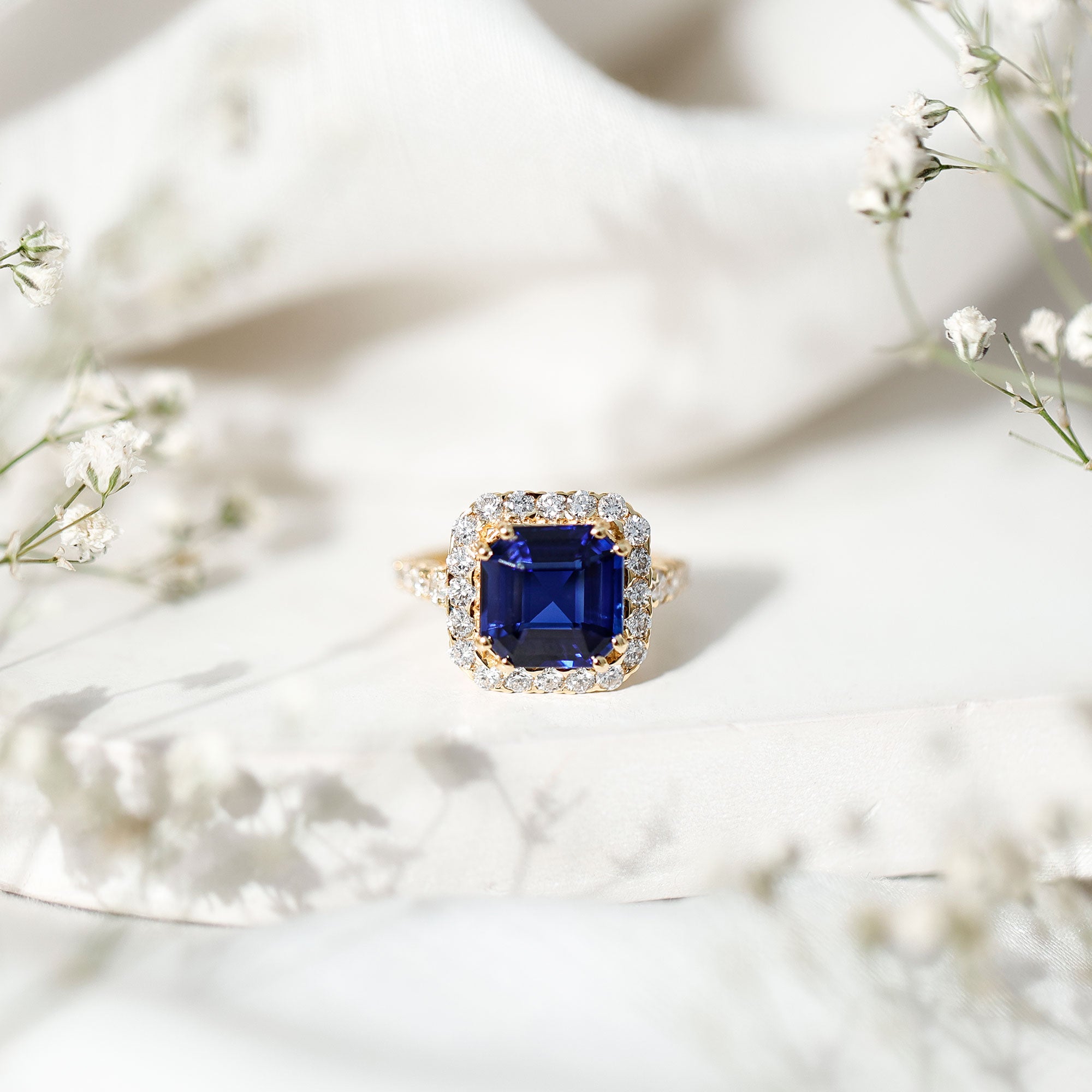 Certified 6.75 Carat Asscher Cut Lab Grown Blue Sapphire Engagement Ring with Diamond Halo AAAA - Rosec Jewels