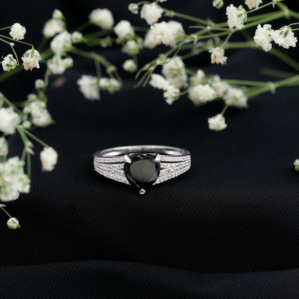 Certified 2.4 Carat Lab Grown Black Diamond Heart Engagement Ring with White Diamond Split Shank AAAA ( Synthetic ) - Rosec Jewels