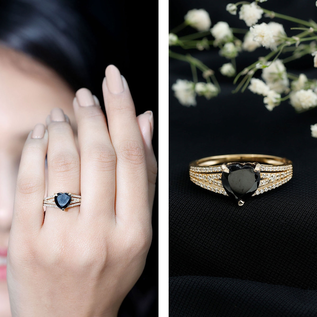 Certified 2.4 Carat Lab Grown Black Diamond Heart Engagement Ring with White Diamond Split Shank AAAA ( Synthetic ) - Rosec Jewels