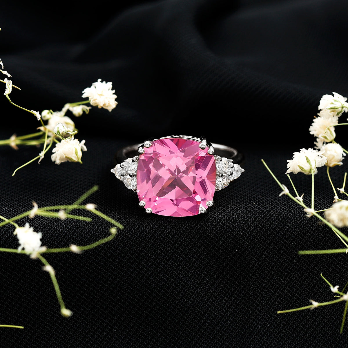 Lab Grown Pink Sapphire Solitaire Engagement Ring with Diamond Trio AAAA - Rosec Jewels