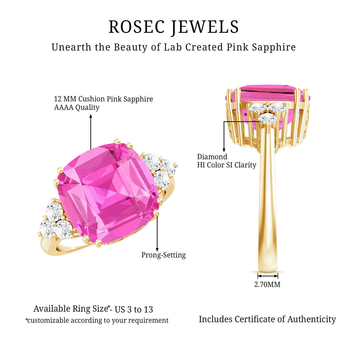Lab Grown Pink Sapphire Solitaire Engagement Ring with Diamond Trio AAAA - Rosec Jewels