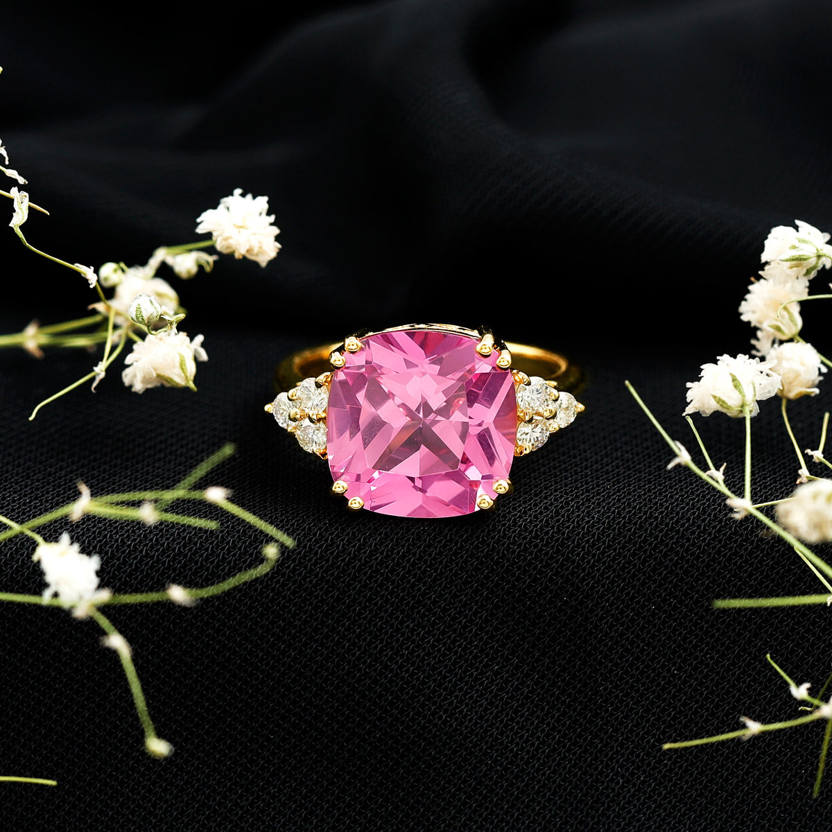 Lab Grown Pink Sapphire Solitaire Engagement Ring with Diamond Trio AAAA - Rosec Jewels