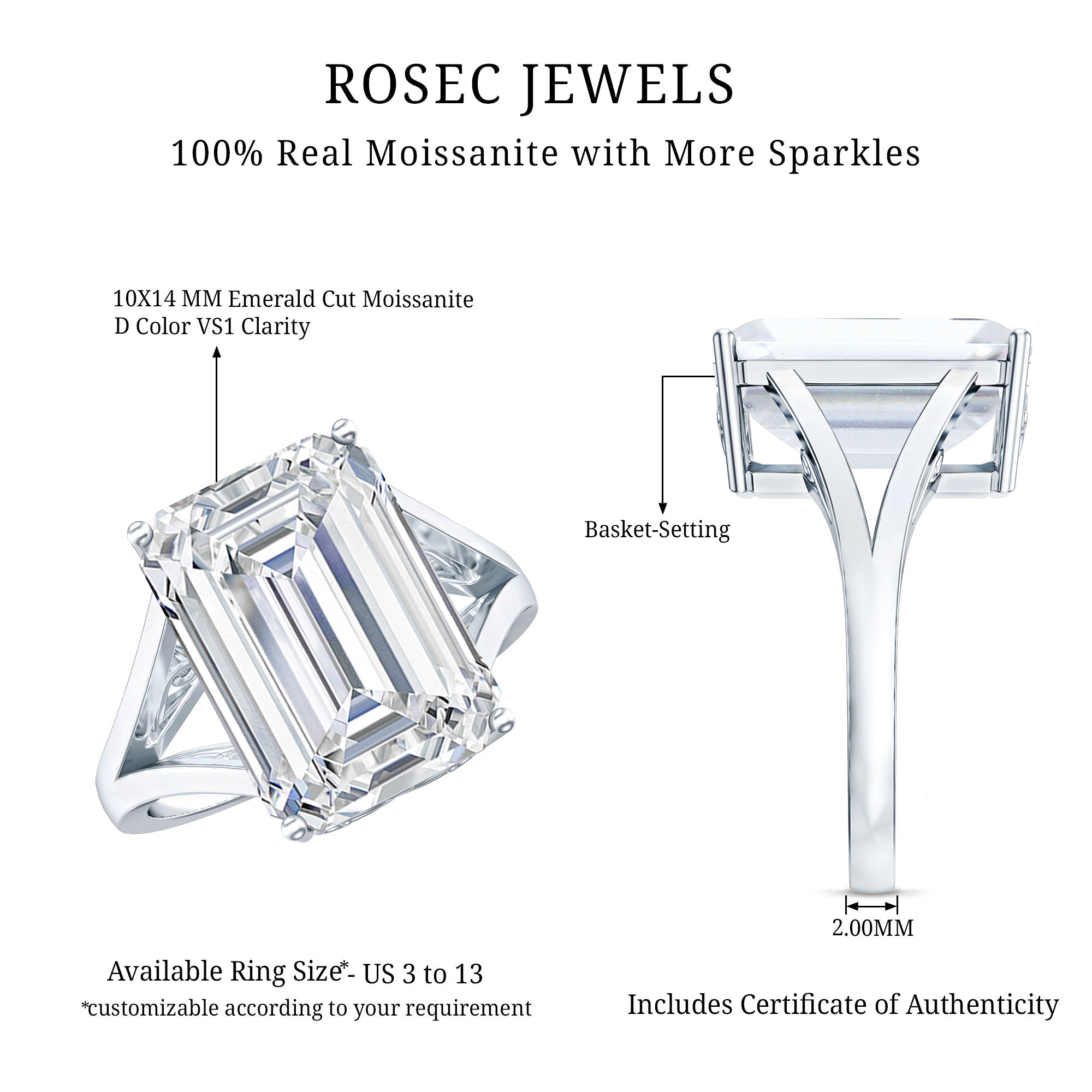 Certified 10X14 MM Emerald Cut Moissanite Engagement Ring for Women D-VS1 - Rosec Jewels
