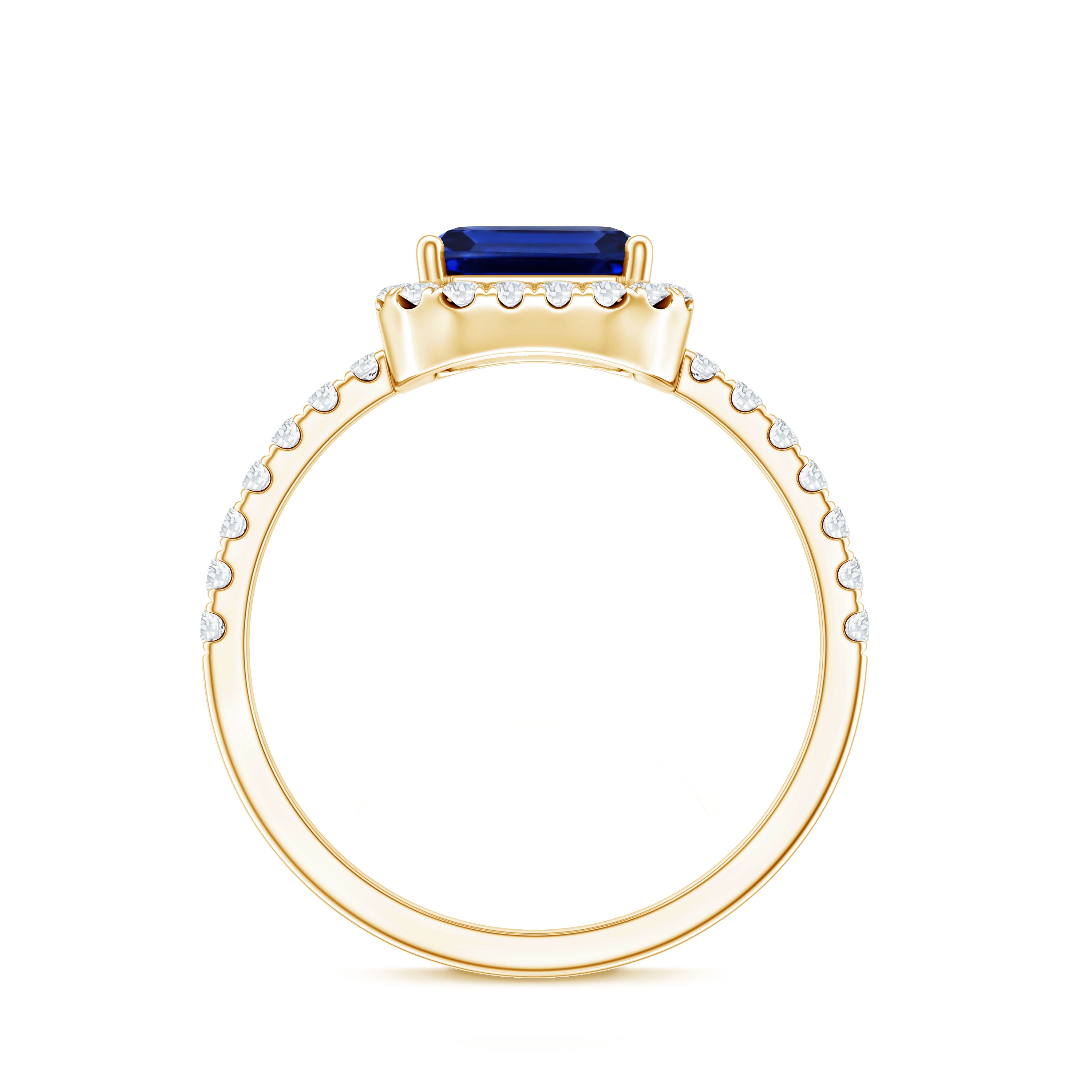 Certified 2.75 Carat Emerald Cut Lab Grown Blue Sapphire Engagement Ring with Diamond Halo AAAA - Rosec Jewels