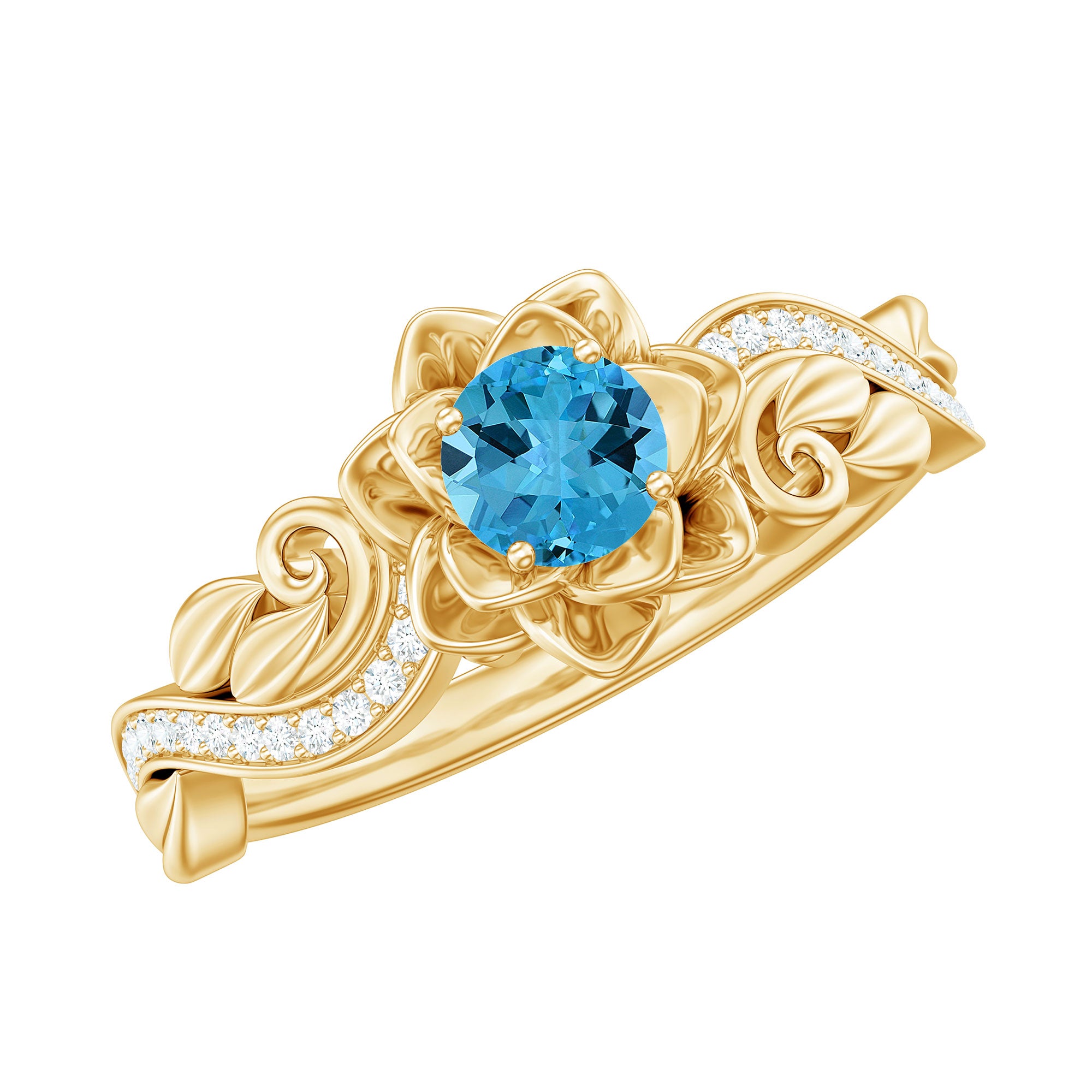 Rosec Jewels-Natural Swiss Blue Topaz Flower Engagement Ring in Gold Plated Silver