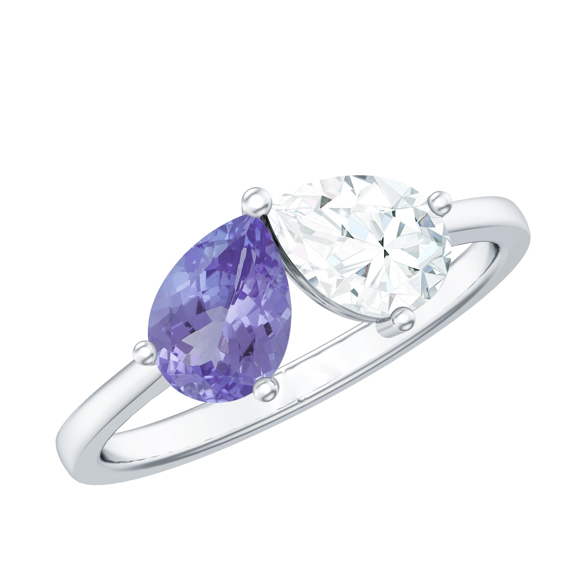 Rosec Jewels-Pear Shaped Tanzanite Moissanite Two Stone Promise Ring in Silver