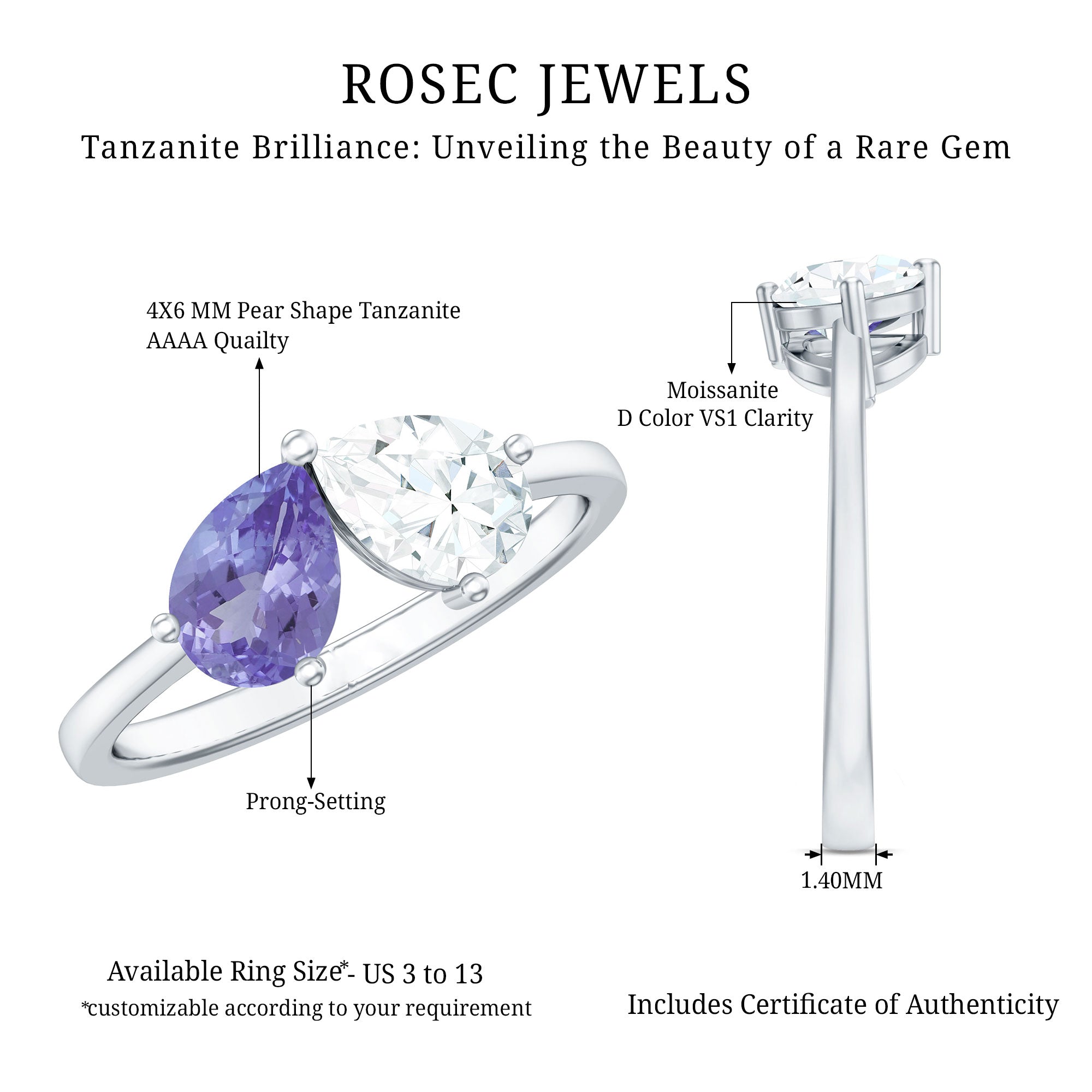 Rosec Jewels-Pear Shaped Tanzanite Moissanite Two Stone Promise Ring in Silver