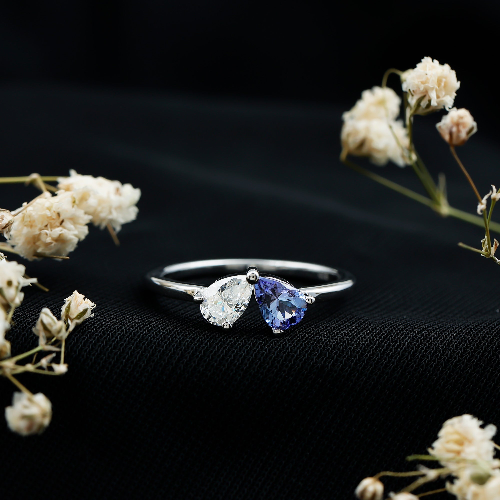 Rosec Jewels-Pear Shaped Tanzanite Moissanite Two Stone Promise Ring in Silver