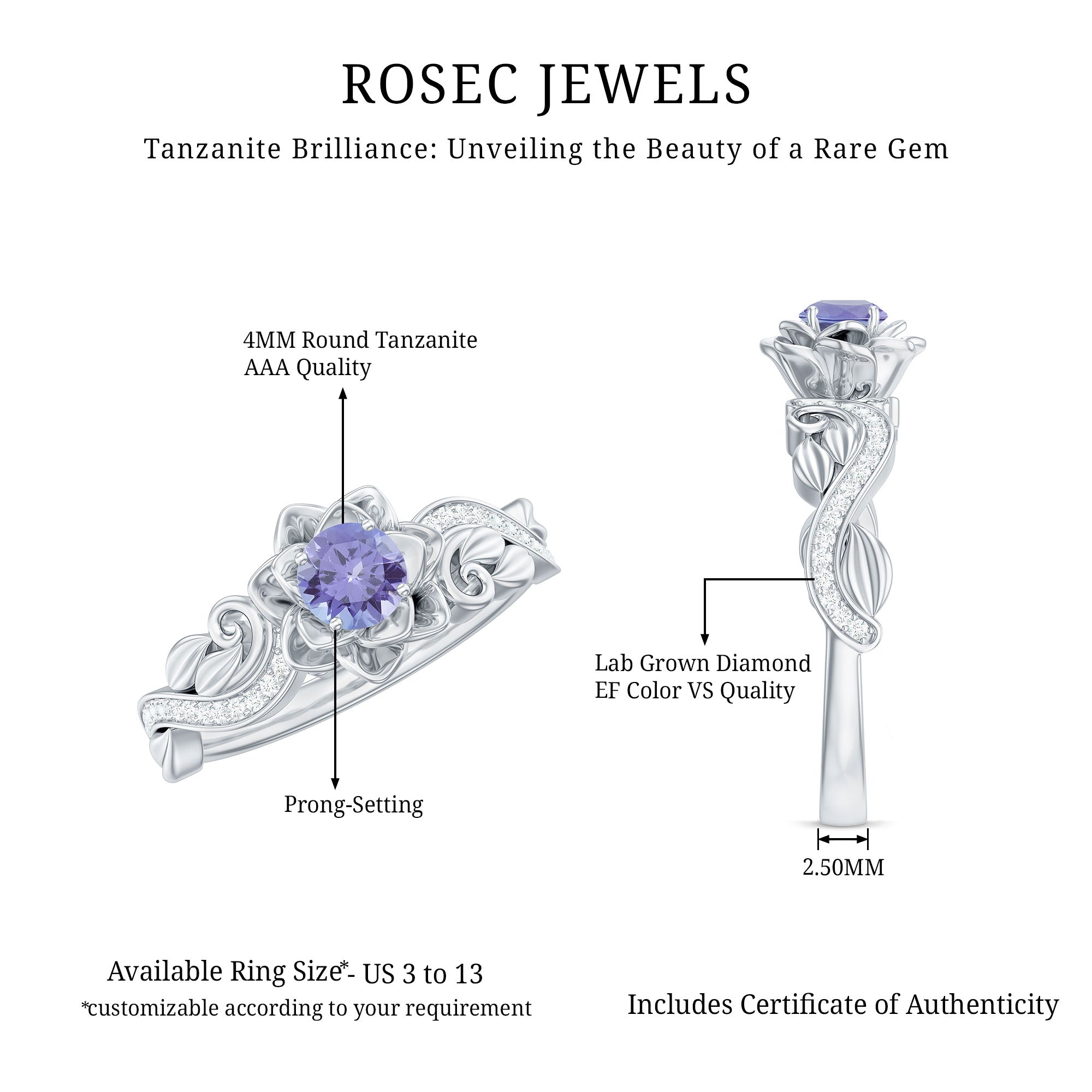 Rosec Jewels-Certified Tanzanite and Diamond Flower Engagement Ring in Silver