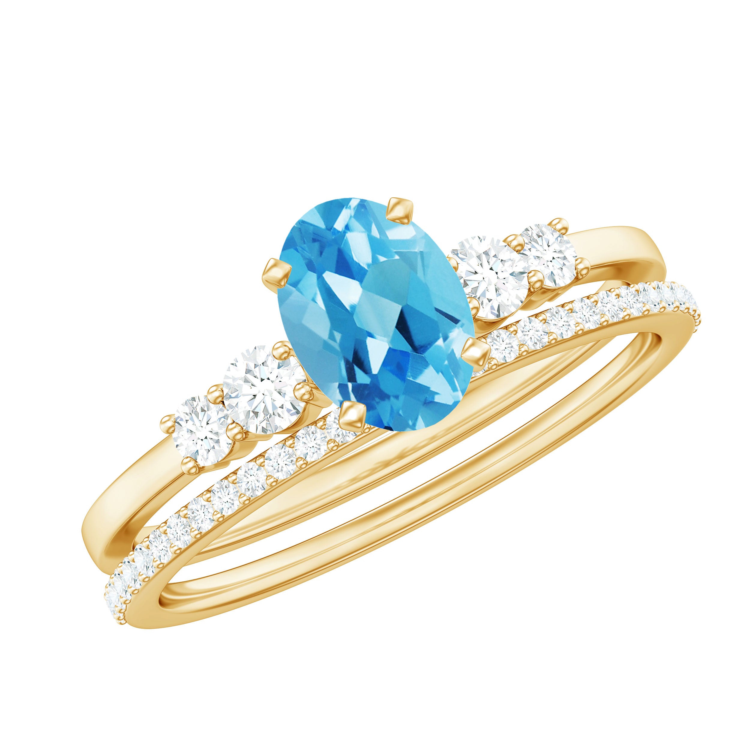 Rosec Jewels-Oval Swiss Blue Topaz Diamond Wedding Ring Set in Silver