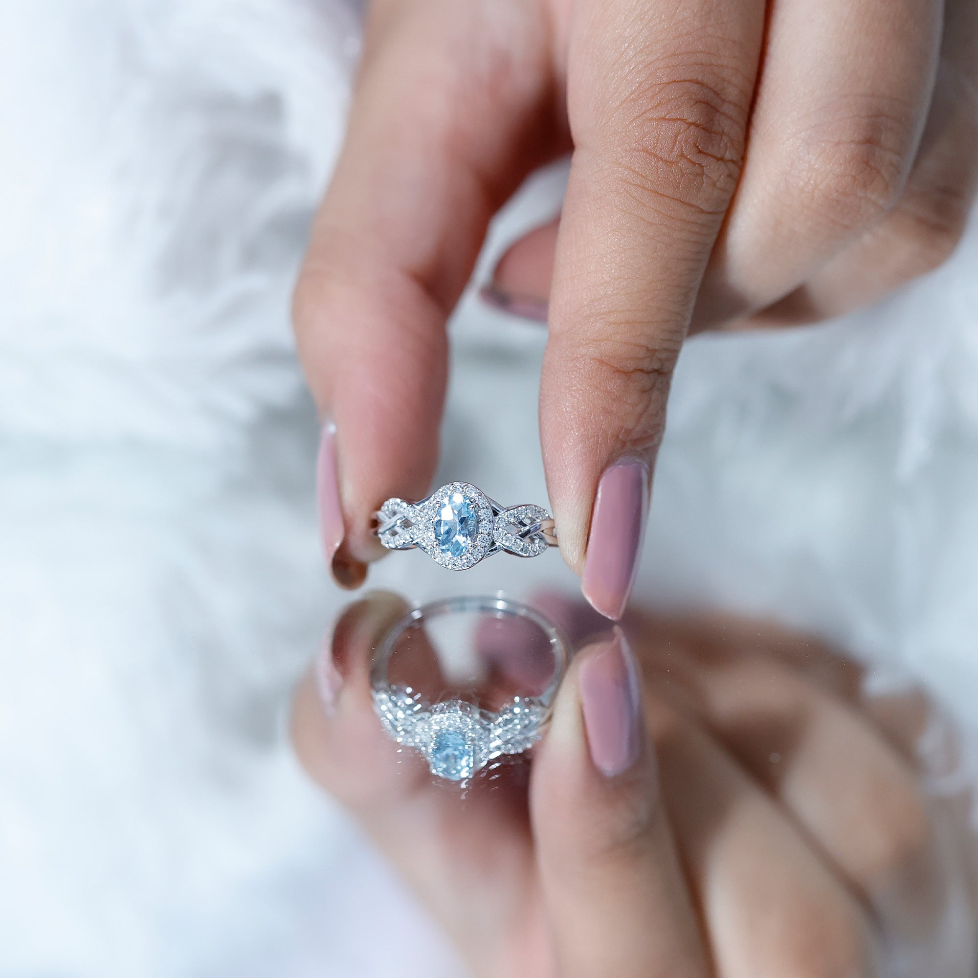 Rosec Jewels-Genuine Aquamarine and Diamond Designer Engagement Ring in Silver