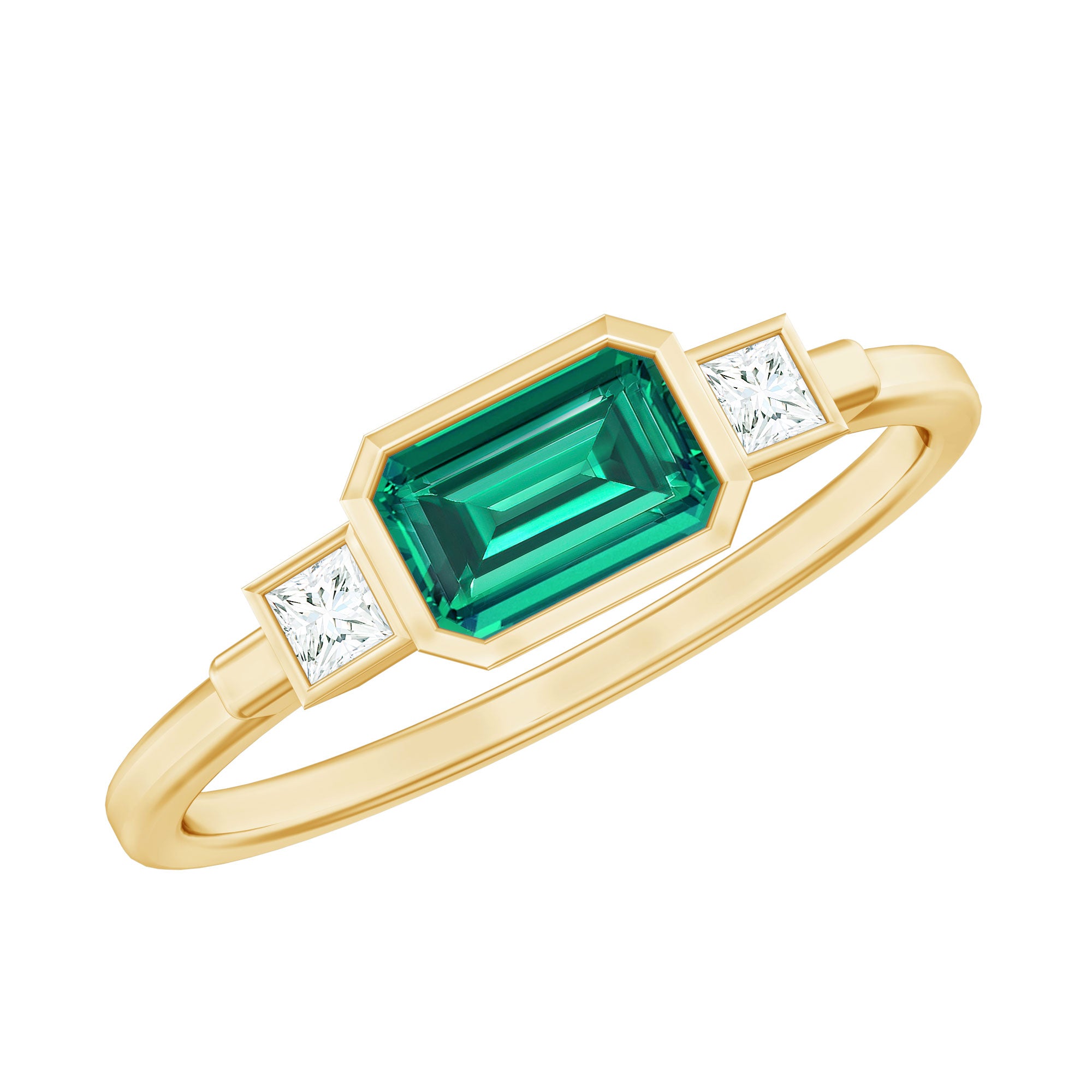 Lab Grown Emerald and Diamond East West Ring in Gold Plated Silver