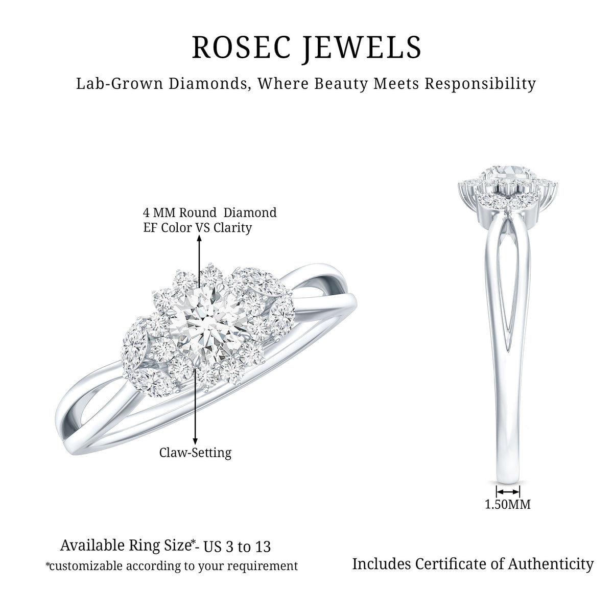 Halo Style Lab Grown Diamond Nature Engagement Ring Lab - ( EF-VS ) - Rosec Jewels