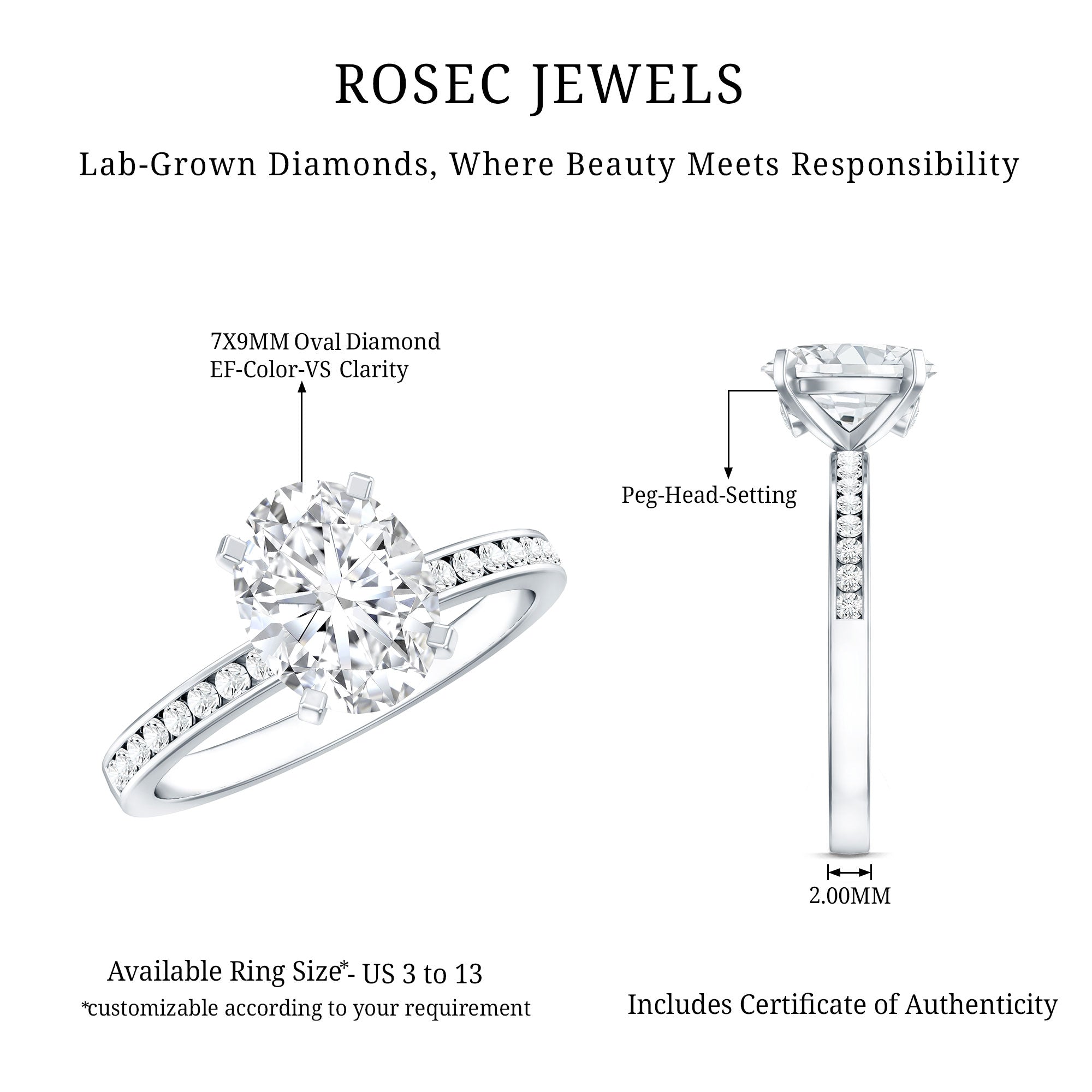 Certified 7X9 MM Lab Grown Diamond Oval Engagement Ring Lab - ( EF-VS ) - Rosec Jewels