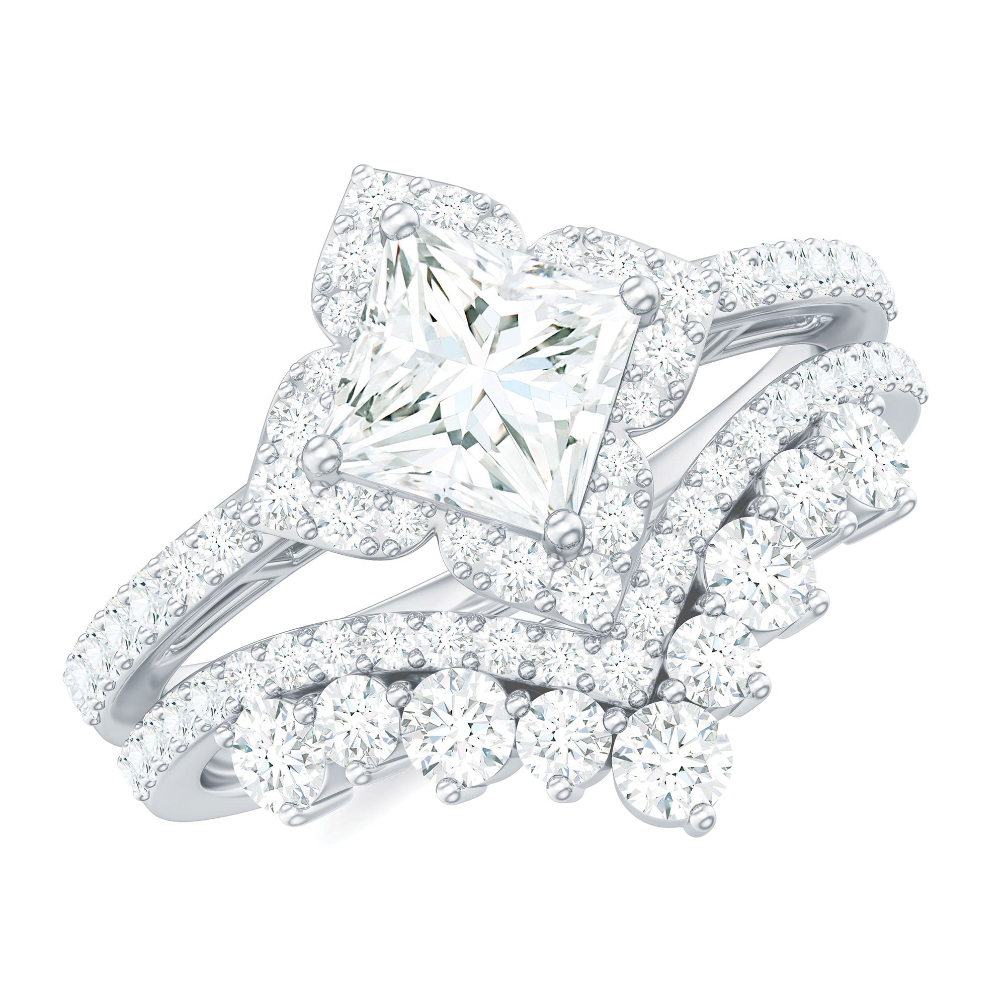 6 MM Princess Cut Lab Grown Diamond Designer Bridal Ring Set