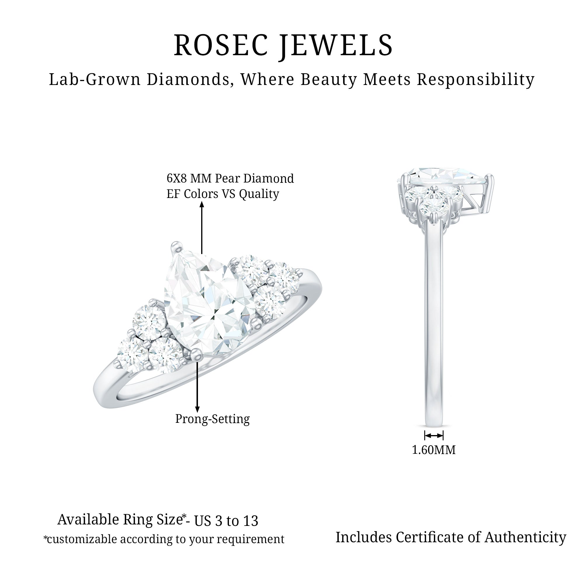 Rosec Jewels-Lab Grown Diamond Teardrop Engagement Ring With Round Shape Trio