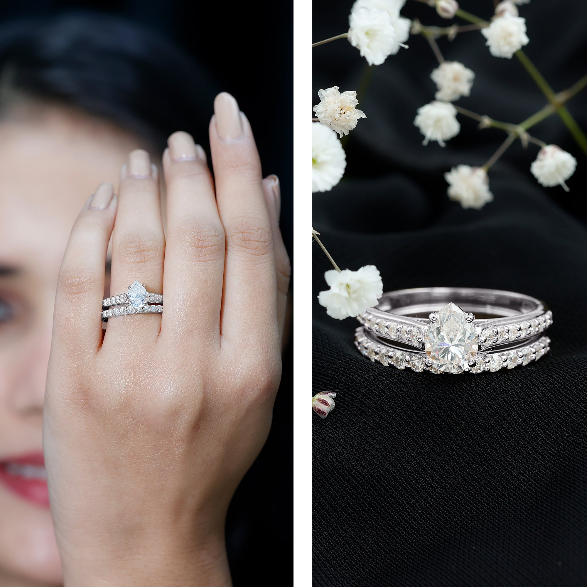 Rosec Jewels-Pear Cut 6X8 MM Lab Grown Diamond Marriage Ring Set for Women