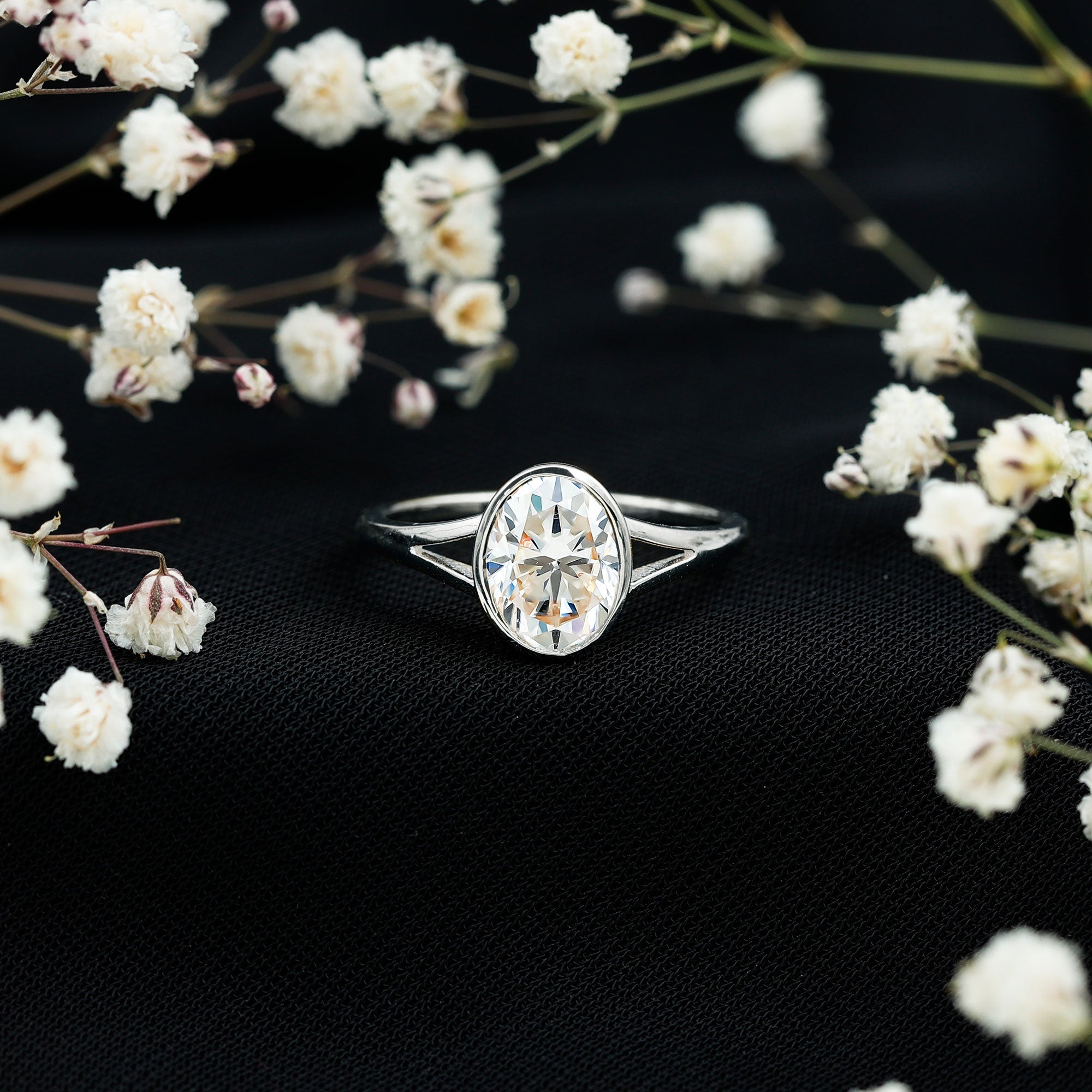 Rosec Jewels-Bezel Set Oval Lab Created Diamond Solitaire Ring For Women