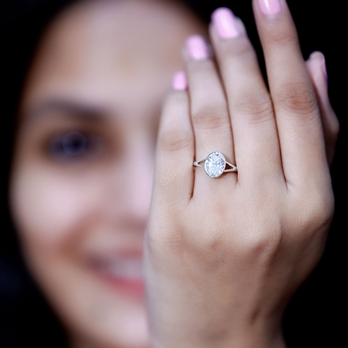2 Carat Bezel Set Oval Lab Created Diamond Solitaire Ring with IGI Certificate Lab - ( E-VS1 ) - Rosec Jewels
