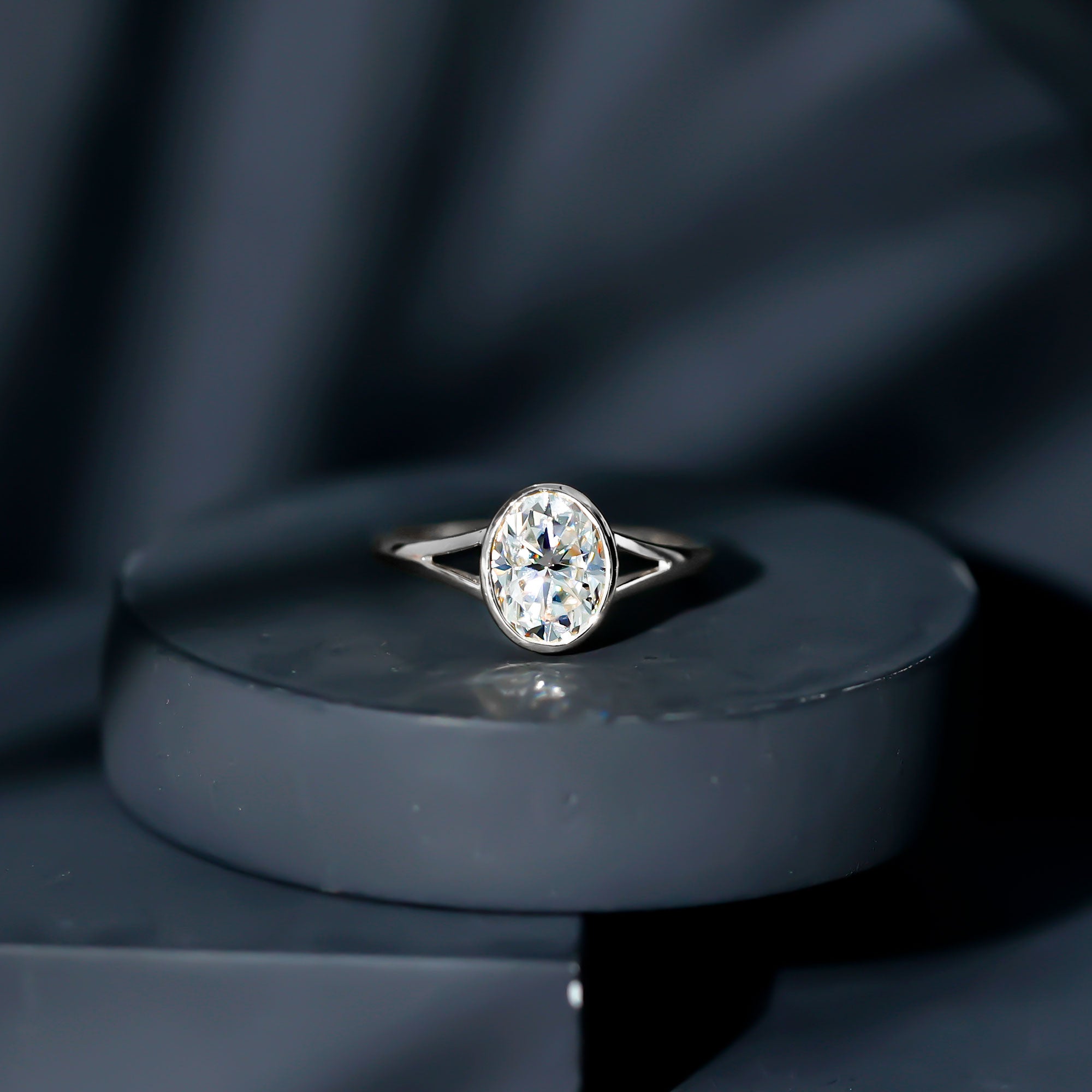 Rosec Jewels-Bezel Set Oval Lab Created Diamond Solitaire Ring For Women