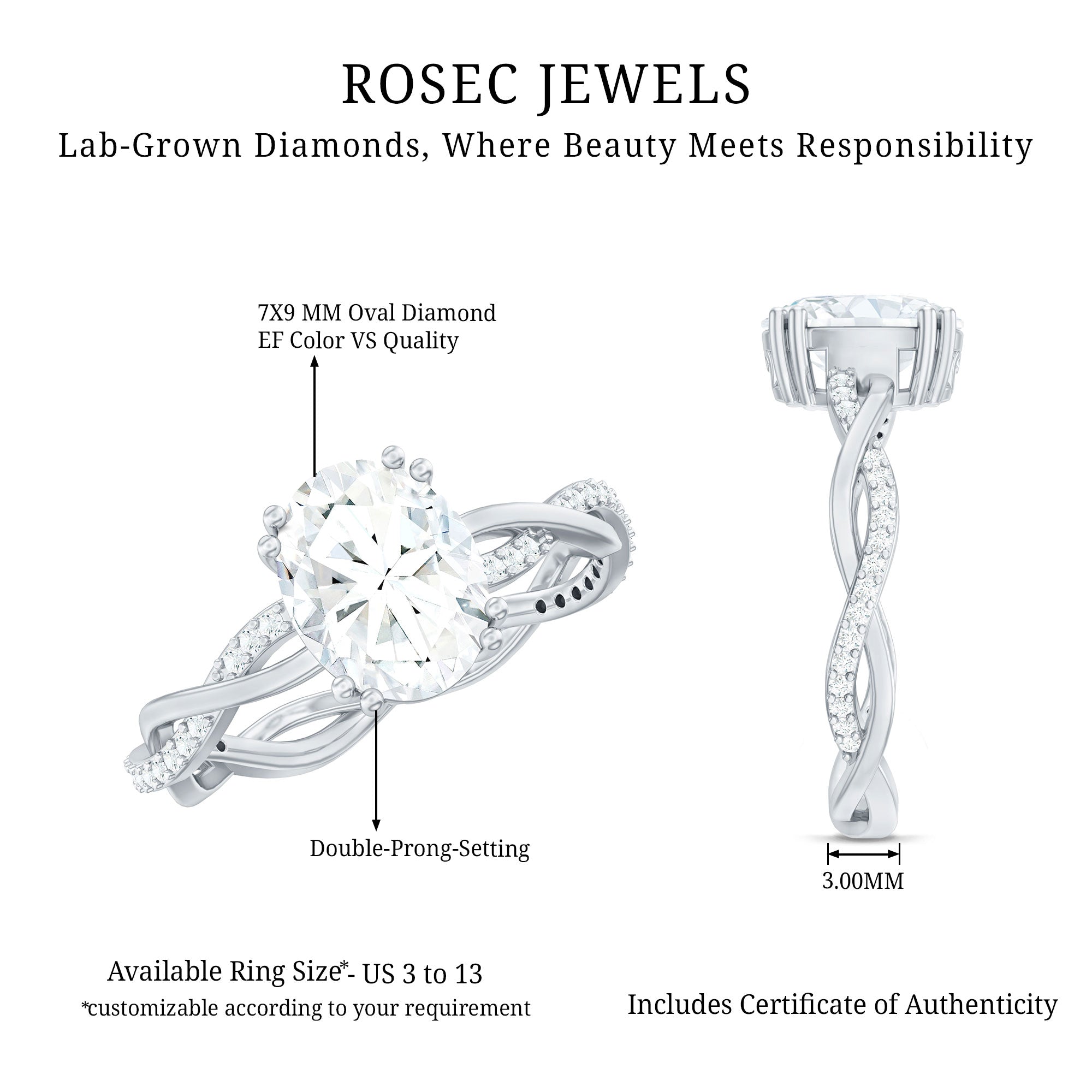 Rosec Jewels-7X9 mm Lab Grown Diamond Oblong Engagement Ring
