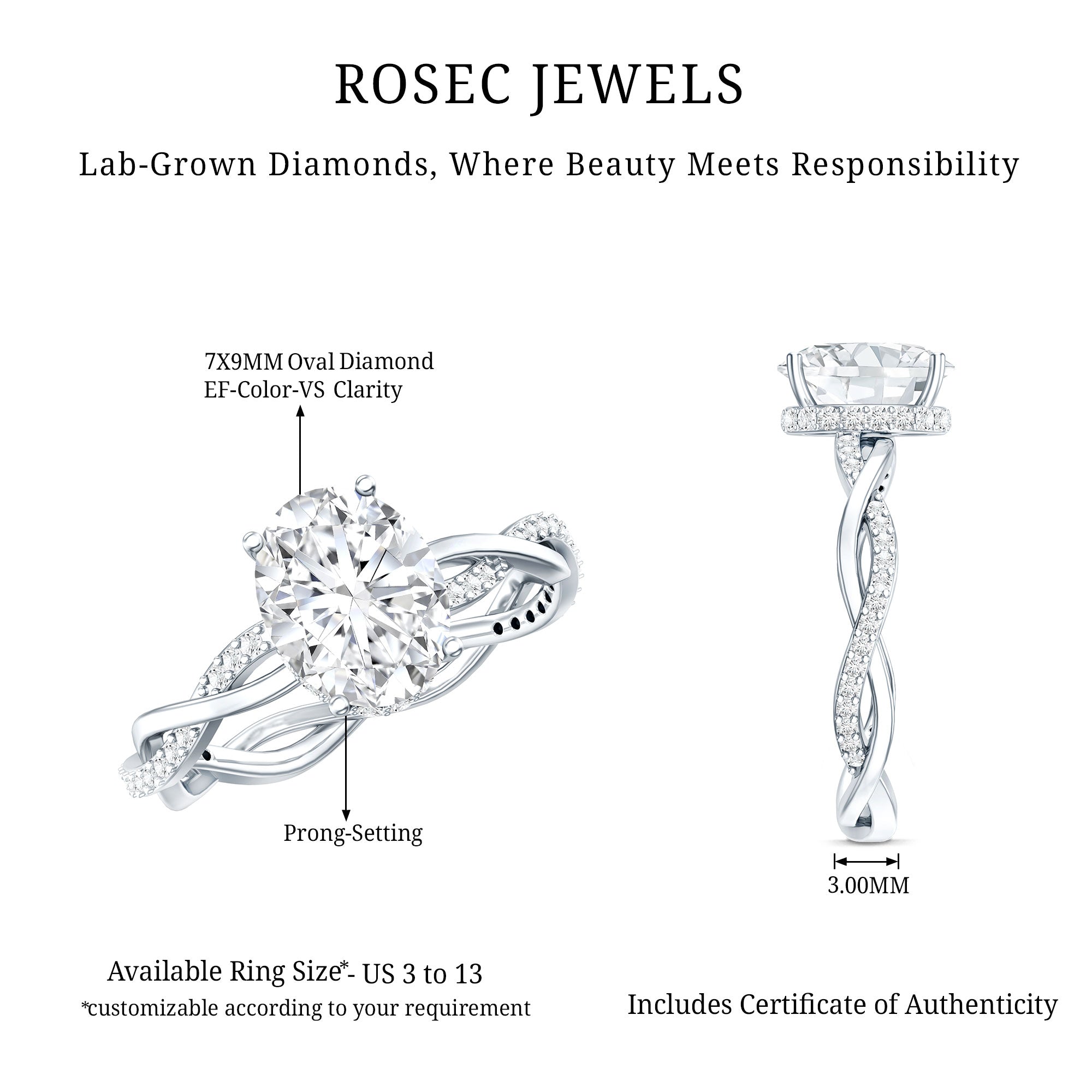 Lab Grown Diamond Oval Engagement Ring with Braided Shank Lab - ( EF-VS ) - Rosec Jewels