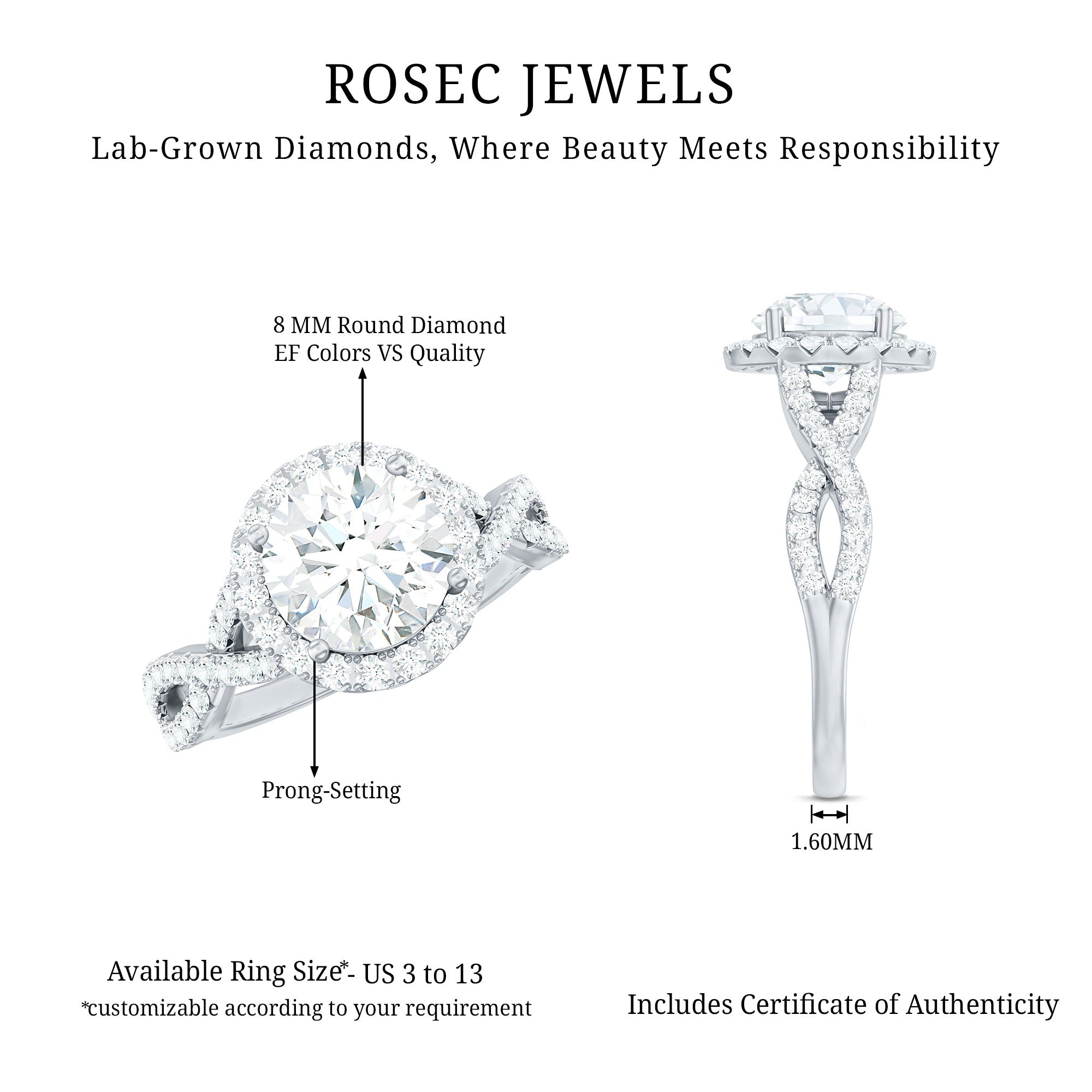 Rosec Jewels-Criss Cross Lab Grown Diamond Halo Engagement Ring For Women
