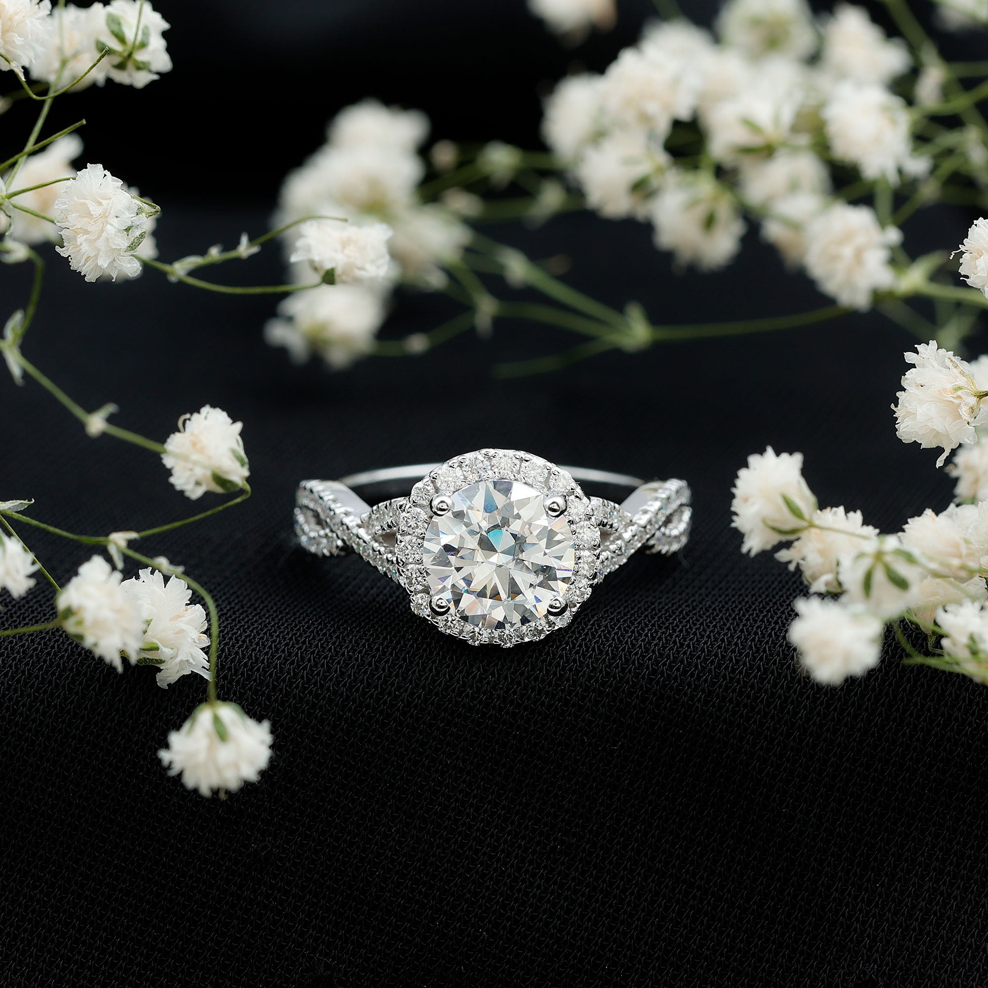 Rosec Jewels-Criss Cross Lab Grown Diamond Halo Engagement Ring For Women