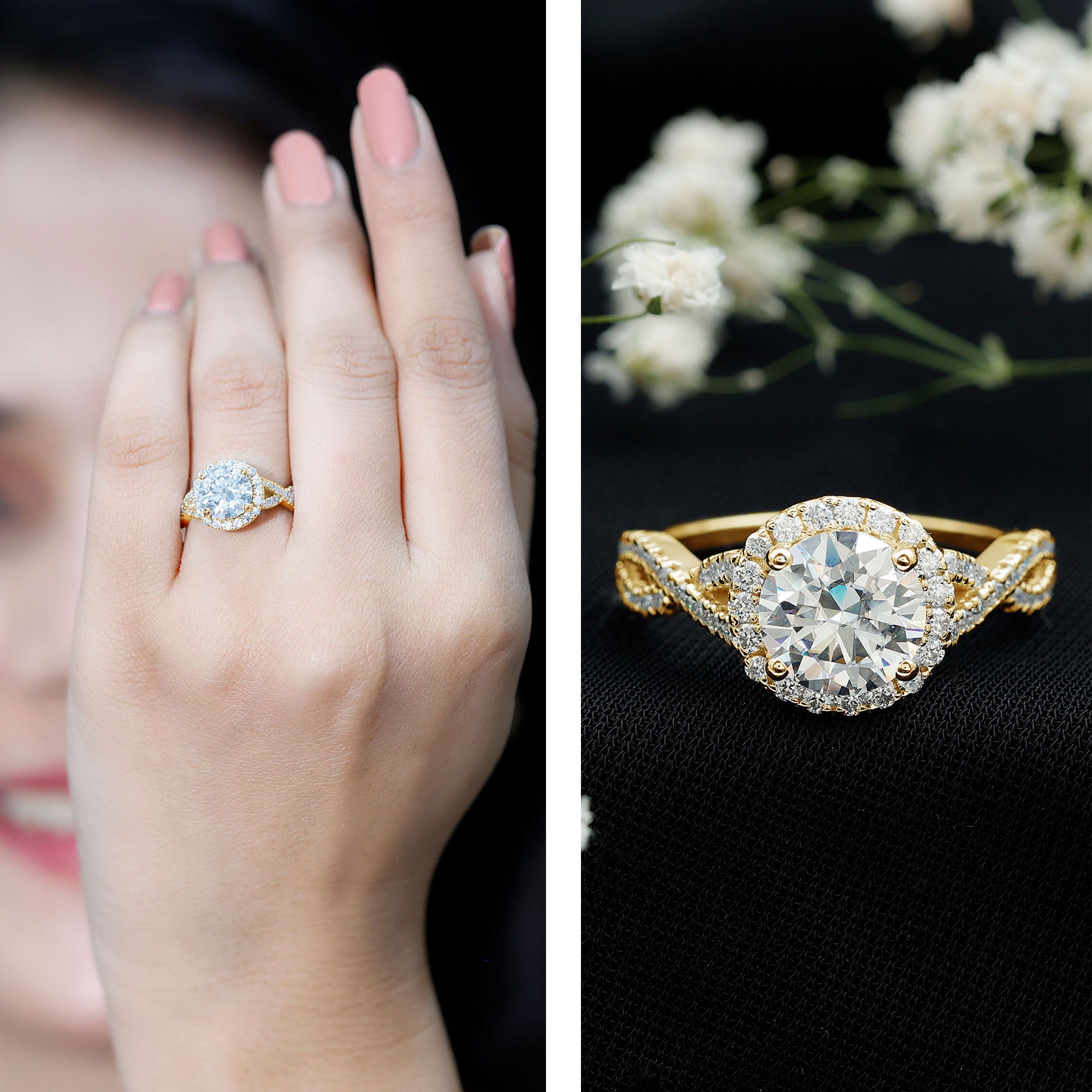 Rosec Jewels-Criss Cross Lab Grown Diamond Halo Engagement Ring For Women