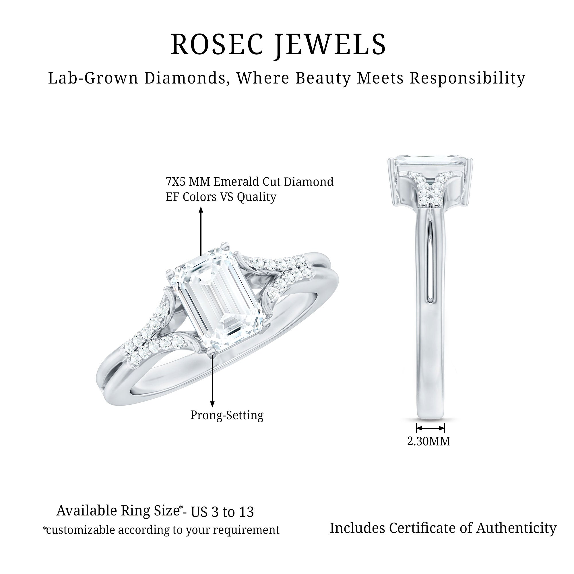 Rosec Jewels-Emerald Cut Lab Diamond Engagement Ring With Split Shank Ring