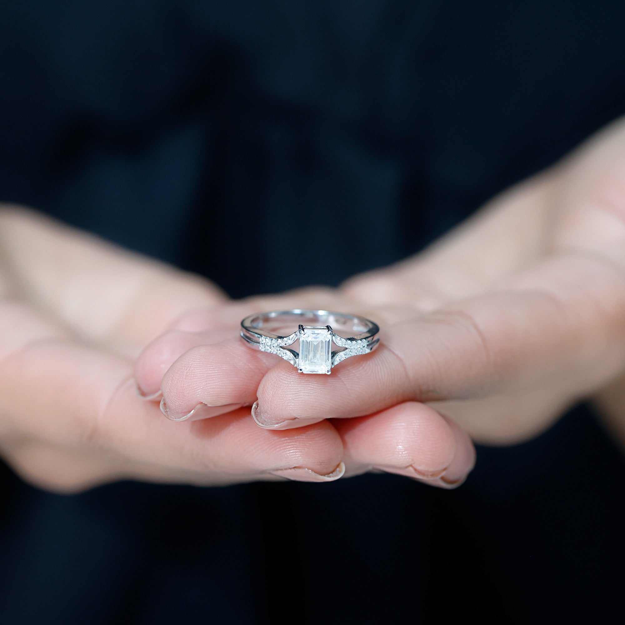 Rosec Jewels-Emerald Cut Lab Diamond Engagement Ring With Split Shank Ring