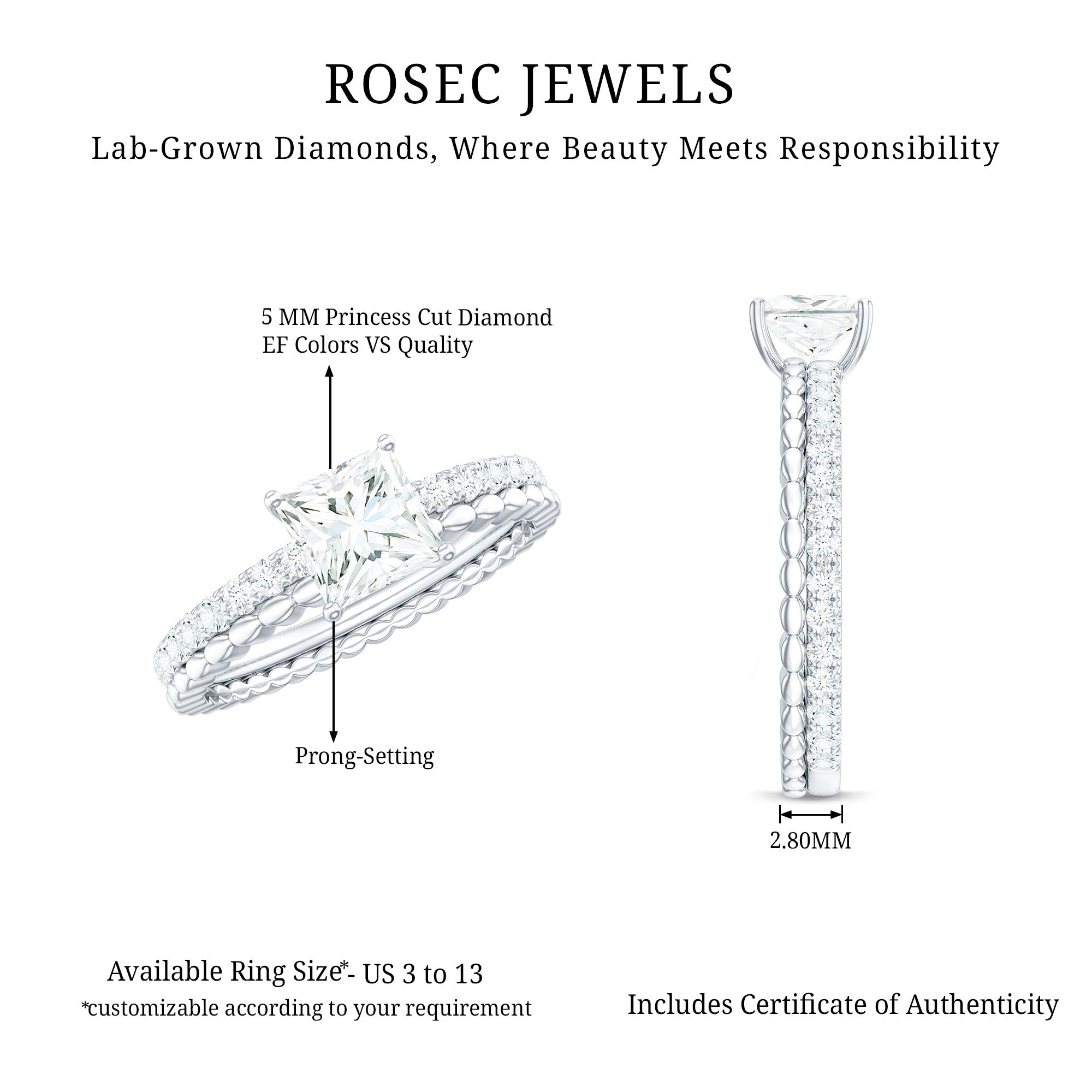 Rosec Jewels-Princess Cut Lab Grown Diamond Promise Ring With Certificate