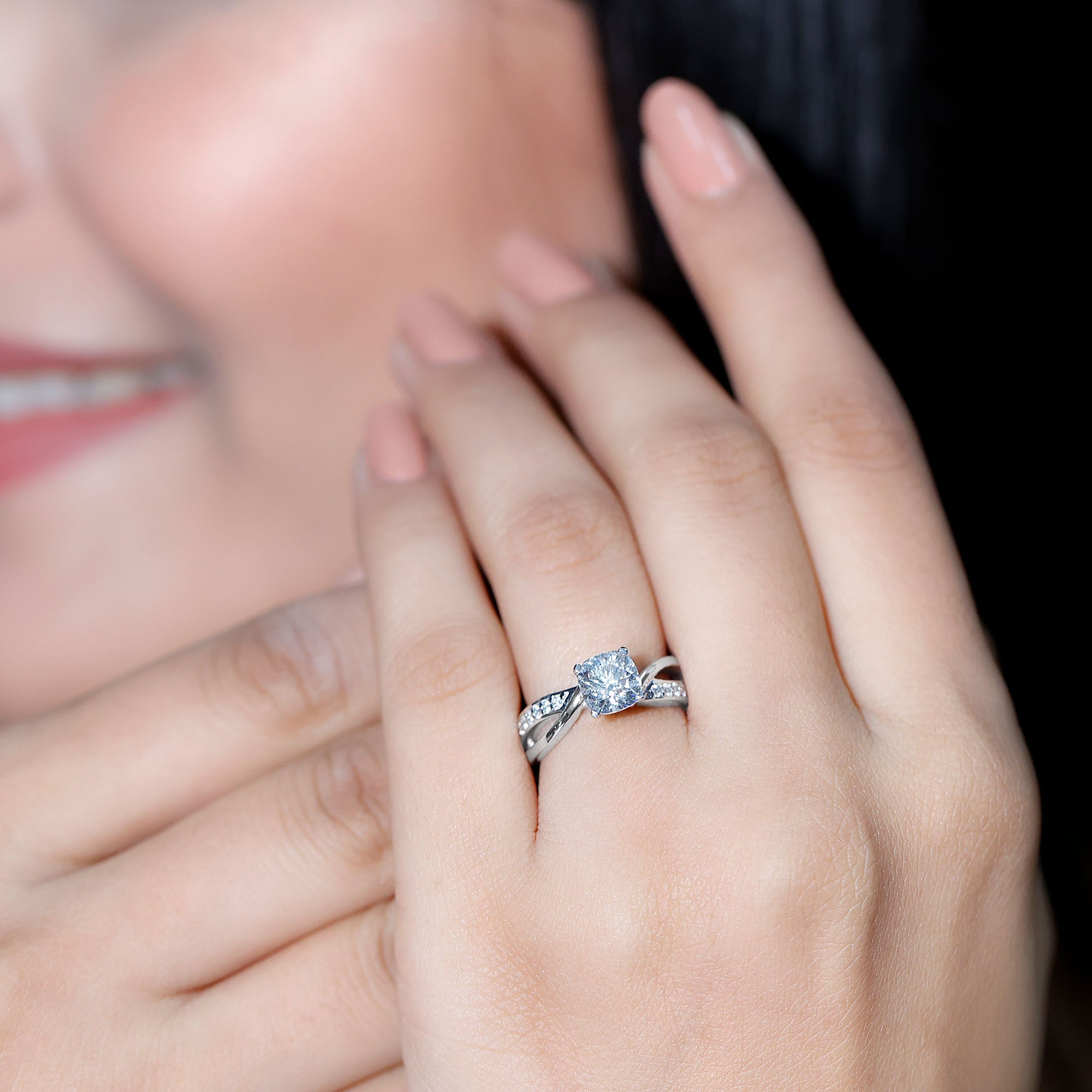 Rosec Jewels-Cushion Cut Diamond Infinity Solitaire Ring with Side Stones