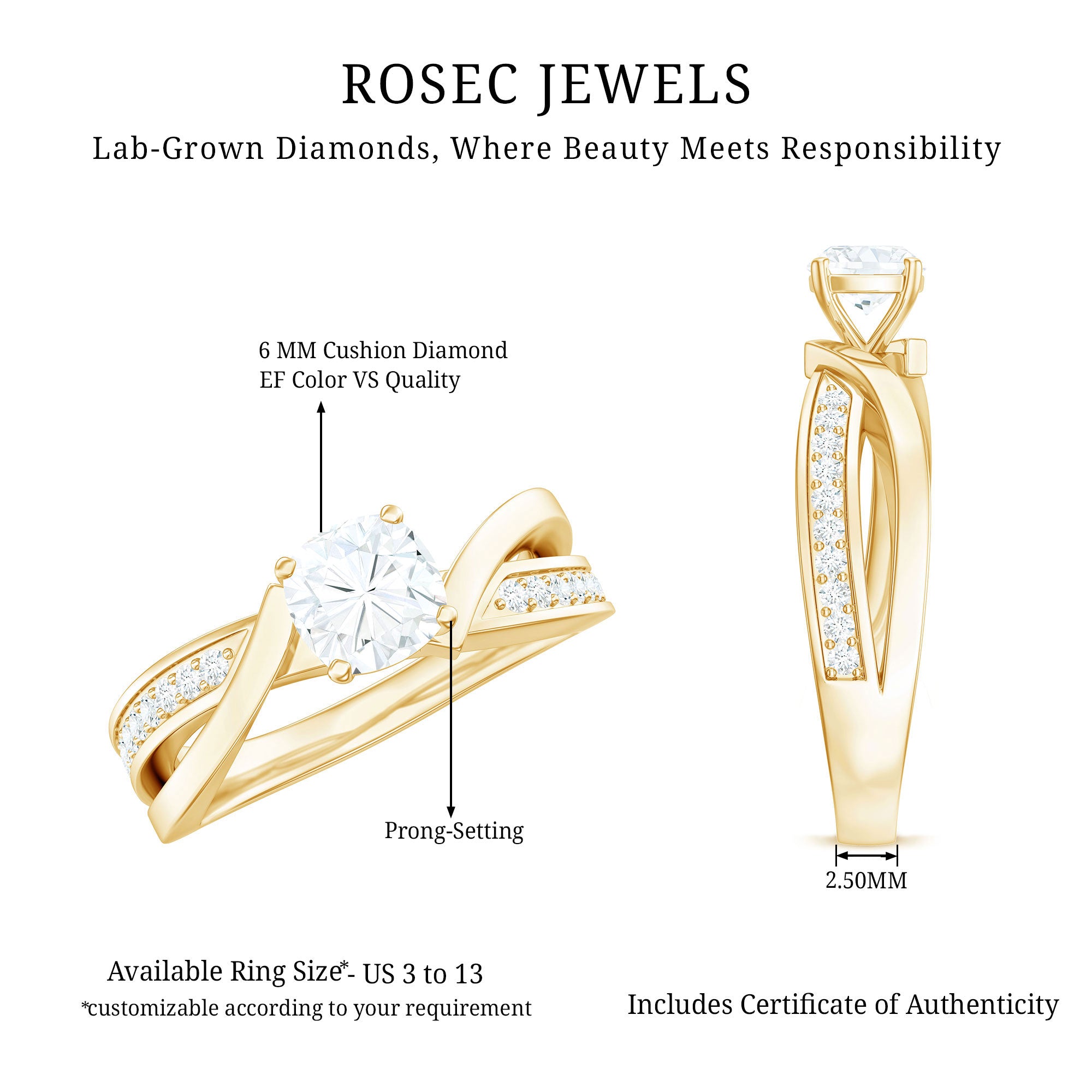 Rosec Jewels-Cushion Cut Diamond Infinity Solitaire Ring with Side Stones