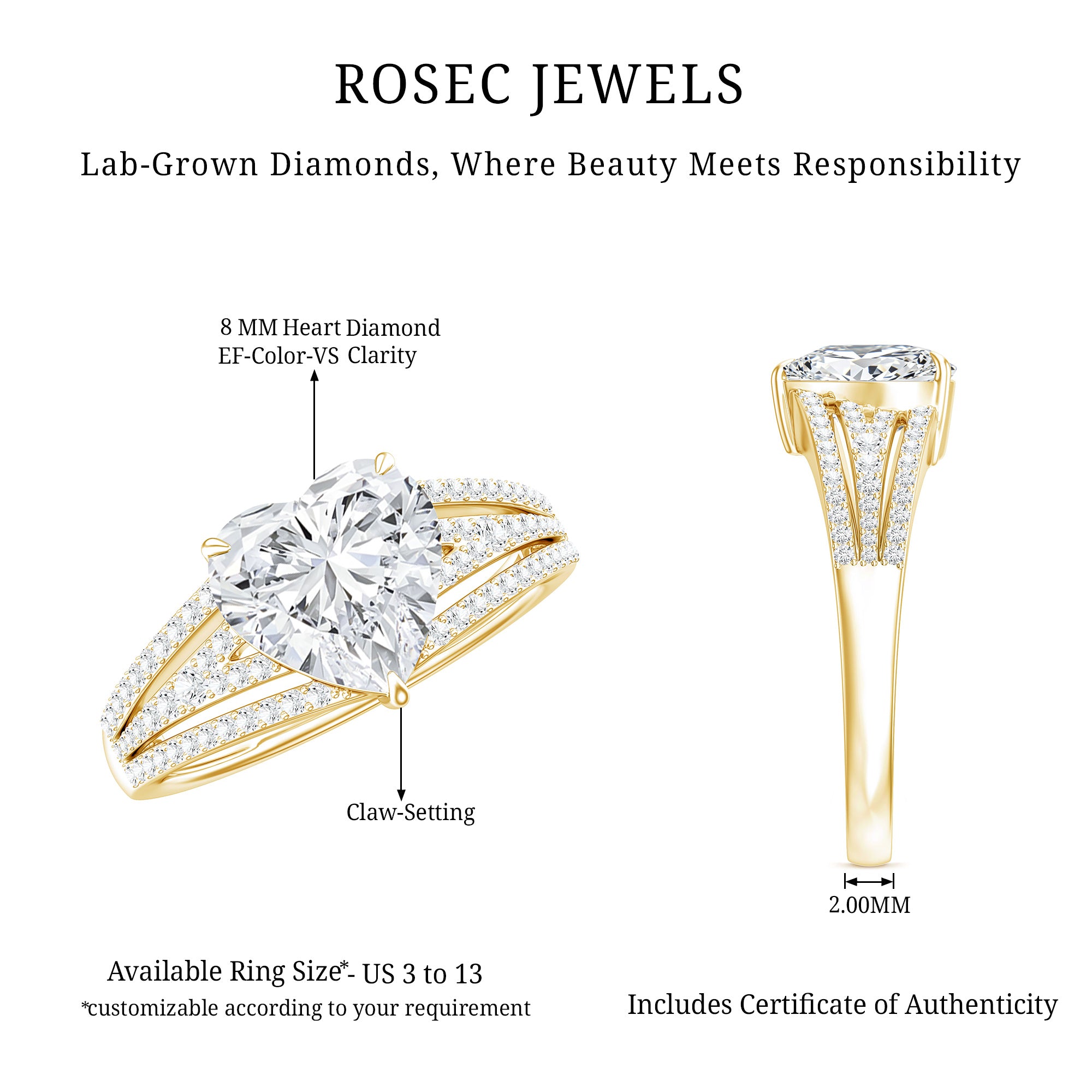 2 Carat Lab Created Diamond Heart Engagement Ring Lab - ( EF-VS ) - Rosec Jewels