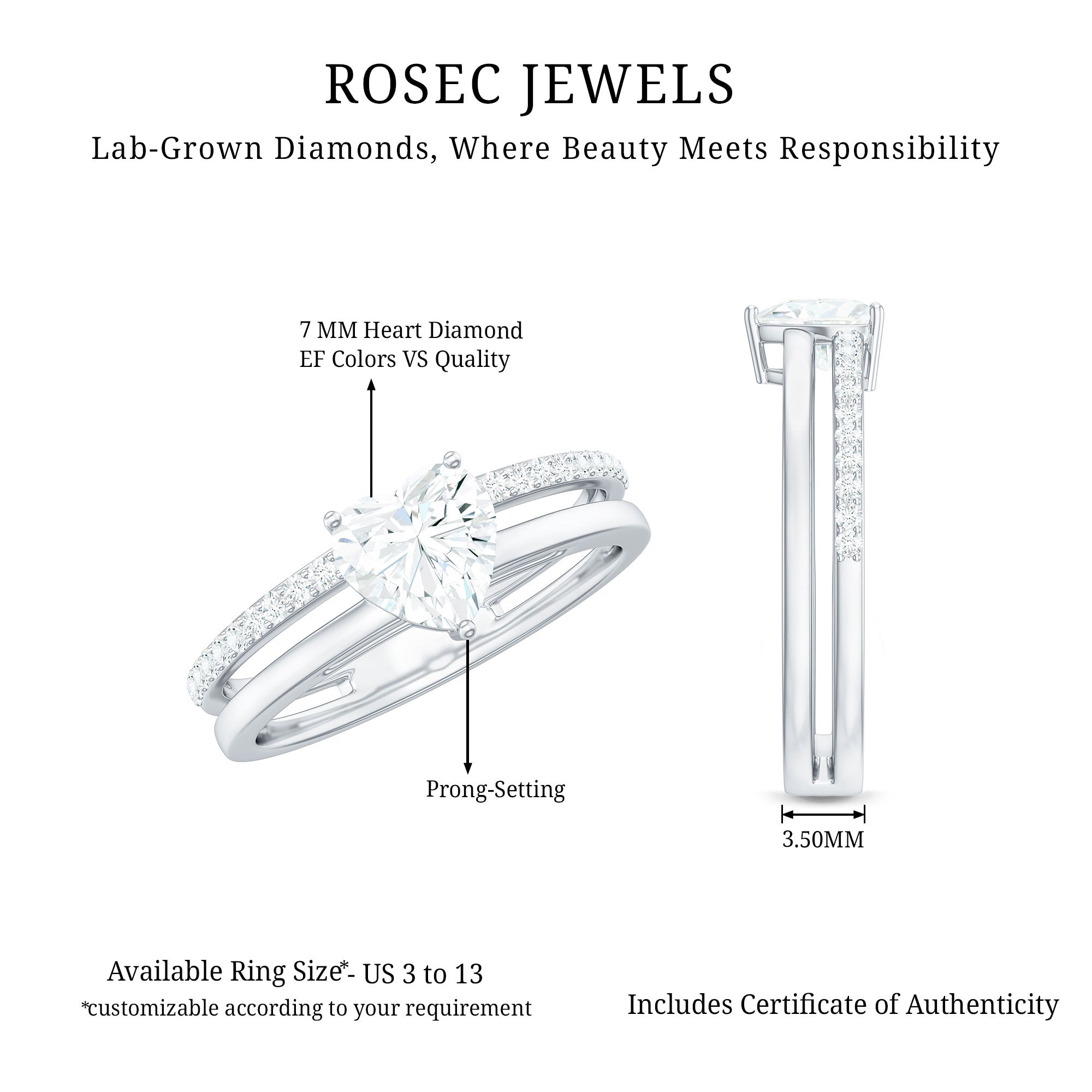 Rosec Jewels-7 MM Heart Shape Lab Grown Diamond Double Band Solitaire Ring